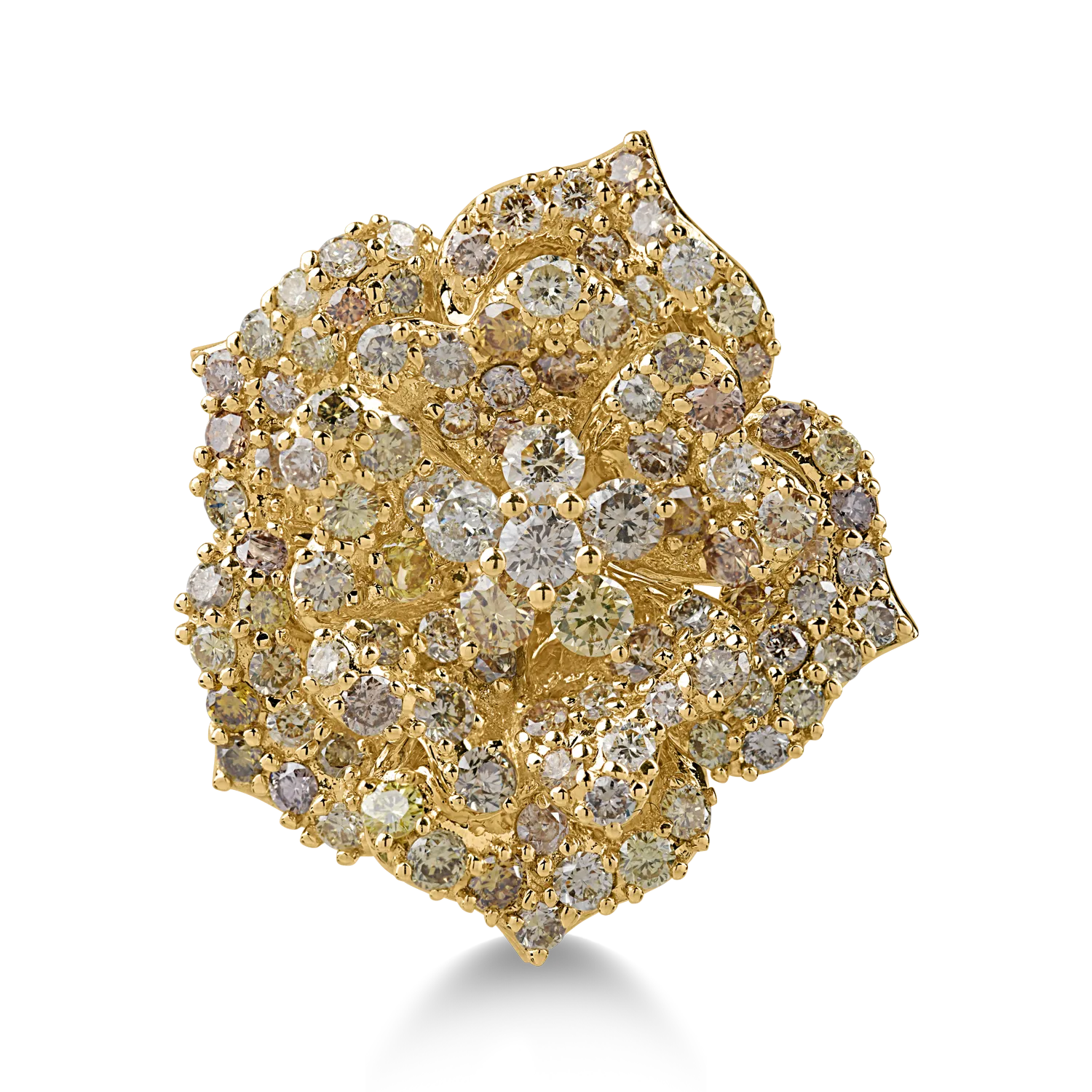 Пръстен с цвете от жълто злато с многоцветни диаманти 3.33кт