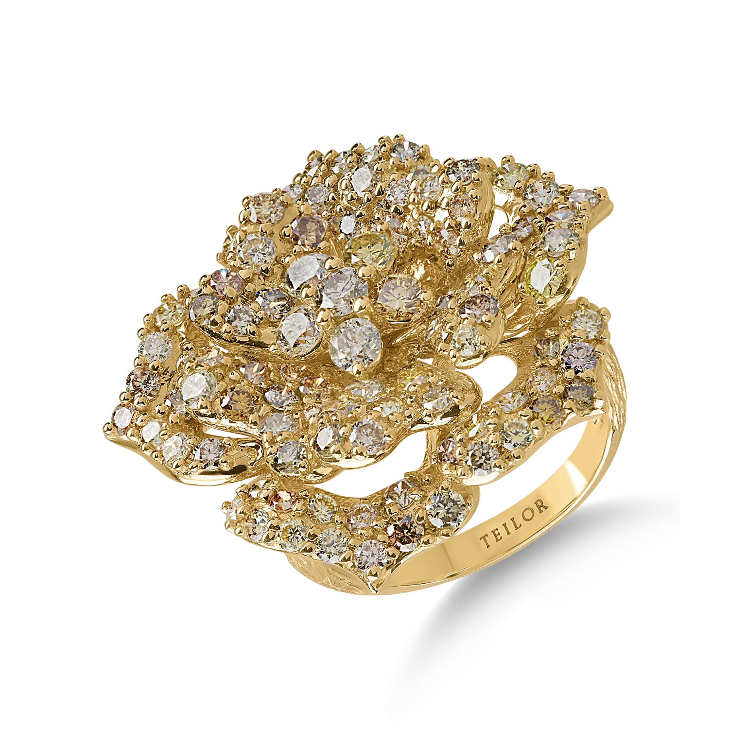 Yellow gold flower ring with 3.3ct multicolored diamonds-172959