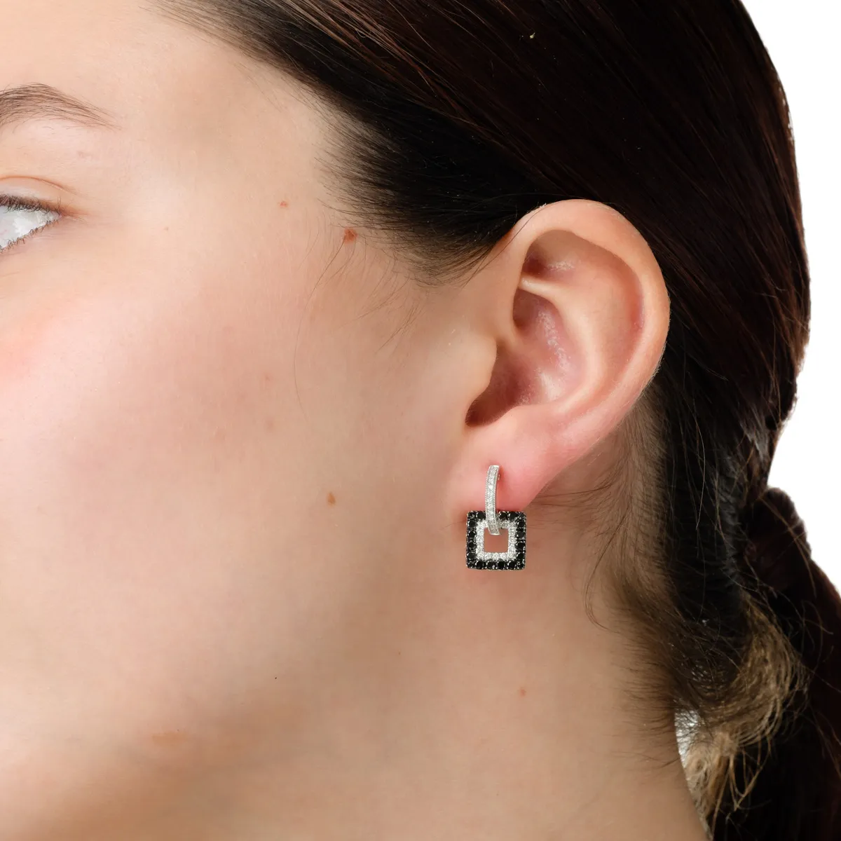 White gold geometric earrings with 0.9ct black diamonds and 0.3ct clear diamonds