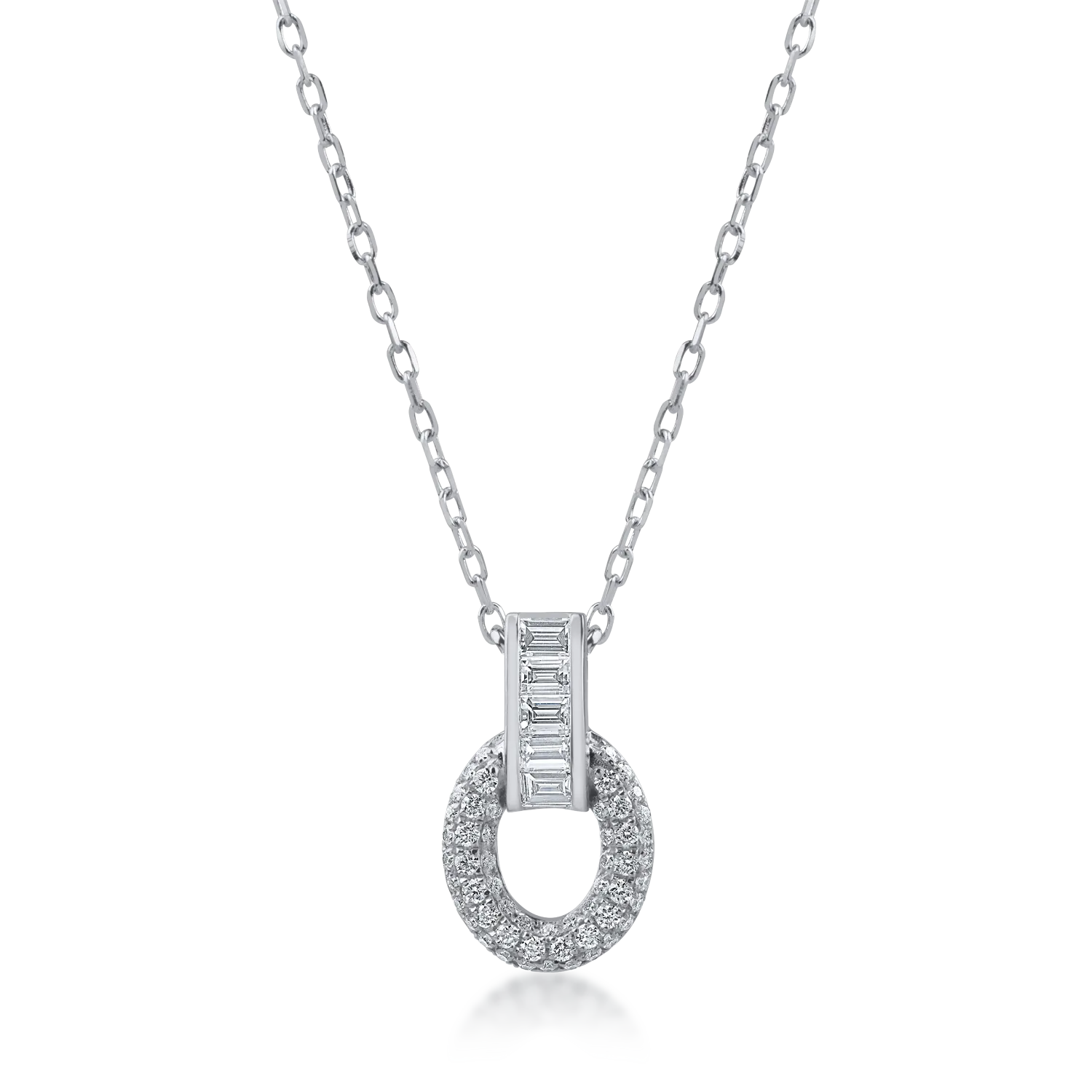 Teilor Lant cu pandantiv geometric din aur alb cu diamante baguette si rotunde de 0.51ct