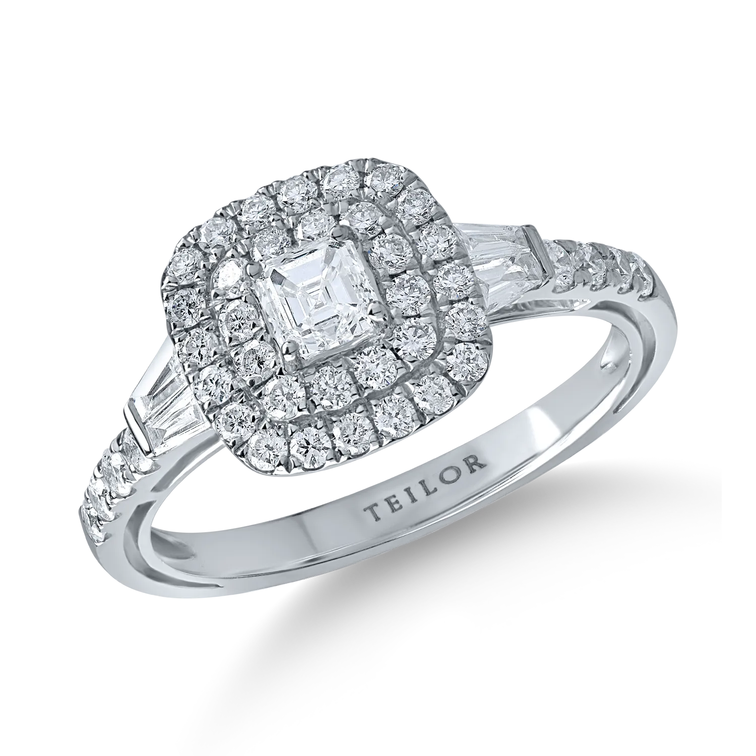 Inel din aur alb cu diamante microsetting assher, baguette si rotunde de 0.94ct