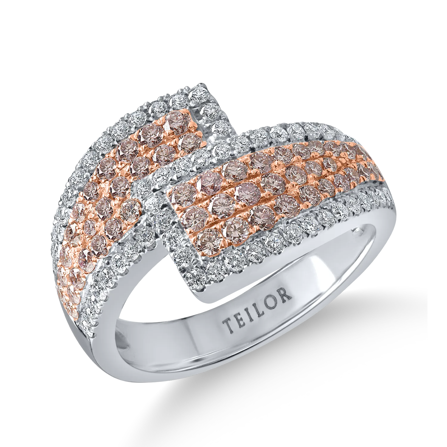 Fehér rózsa arany geometriai gyűrű 0.7ct rózsaszín gyémántokkal és 0.4ct tiszta gyémántokkal-175199