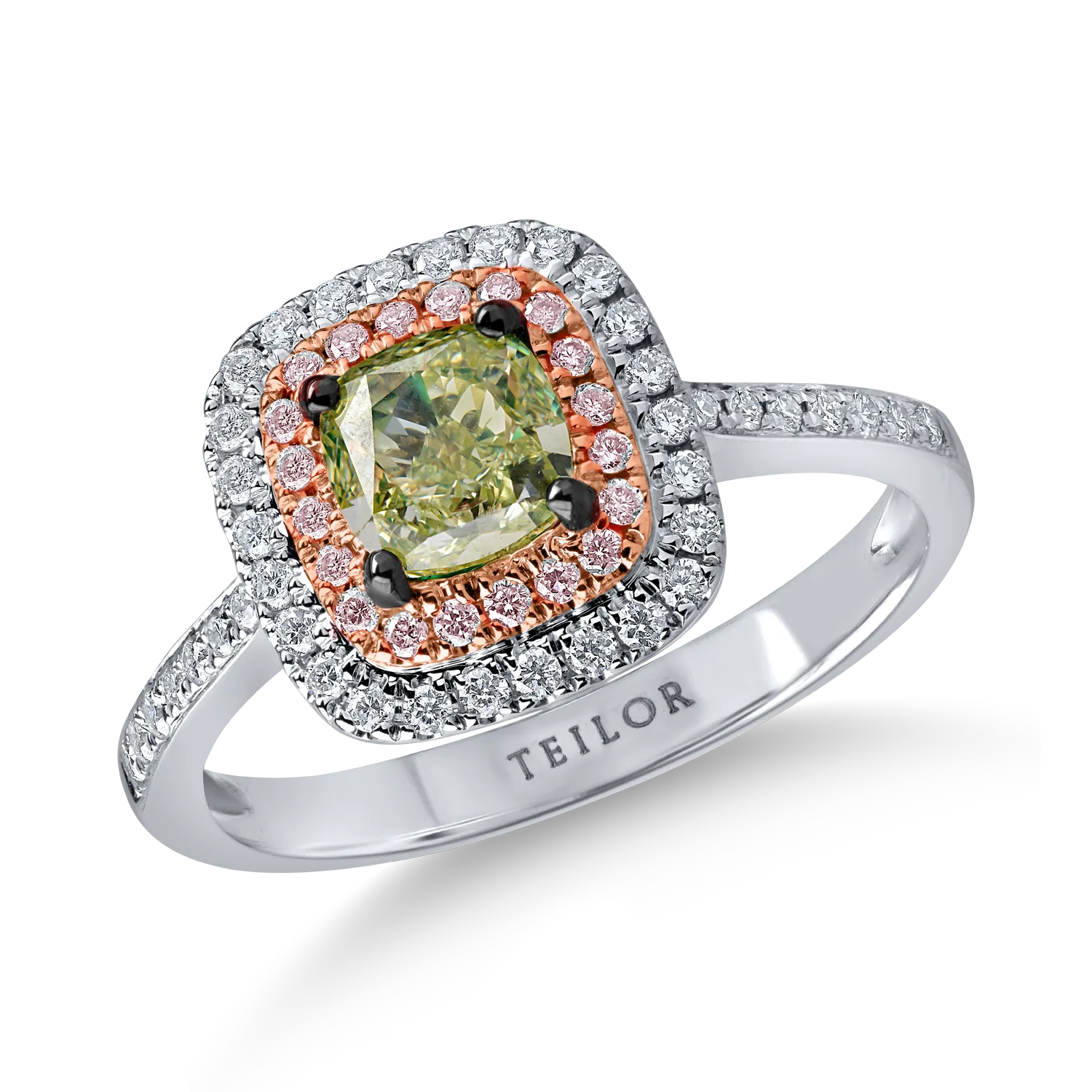 Inel din aur alb-roz cu un diamant verde cushion de 1ct si diamante incolore de 0.3ct