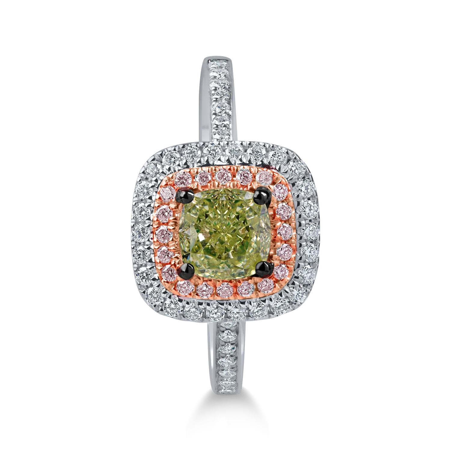 Inel din aur alb-roz cu un diamant verde cushion de 1ct si diamante incolore de 0.35ct