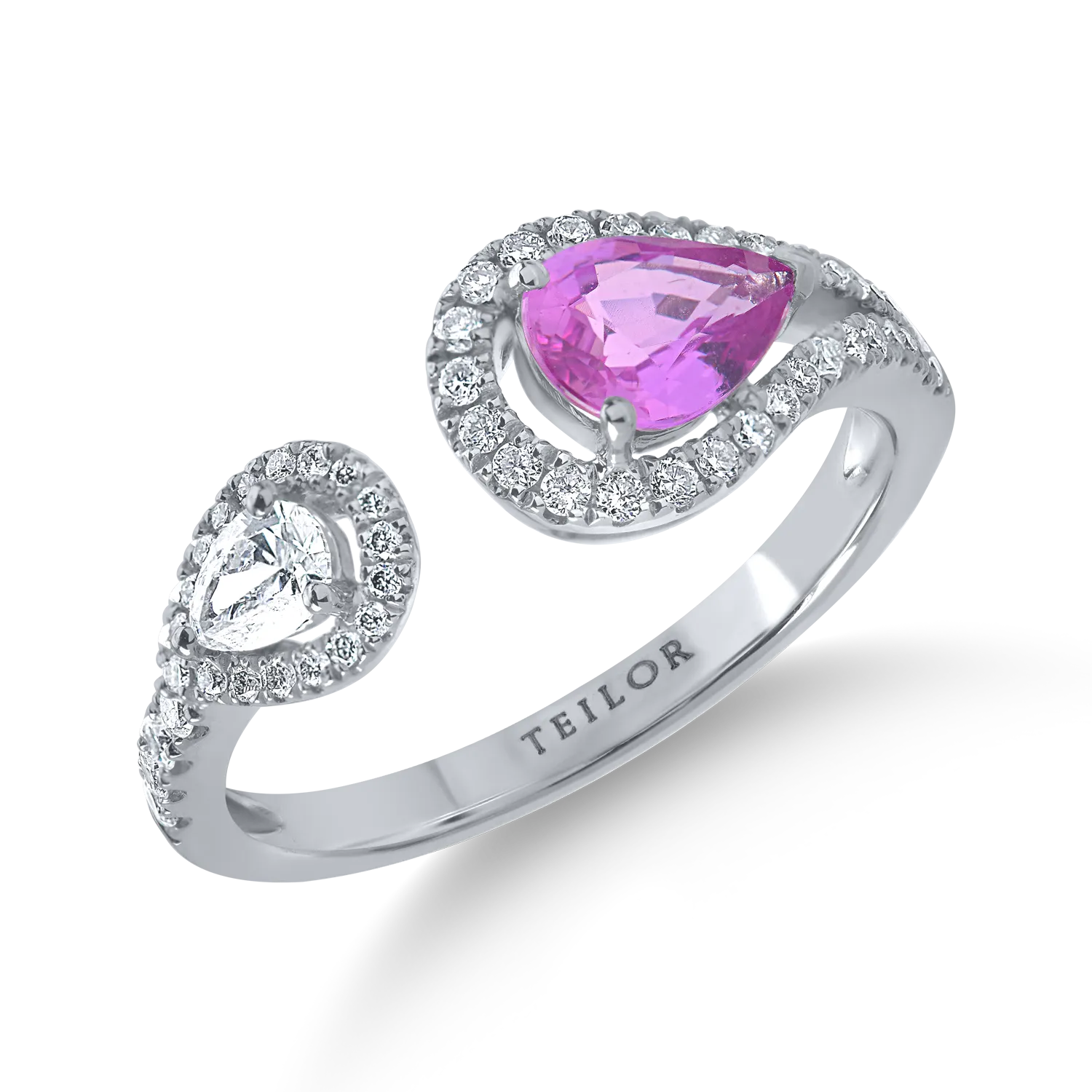 Inel din aur alb cu safir roz pear de 0.7ct si diamante de 0.4ct
