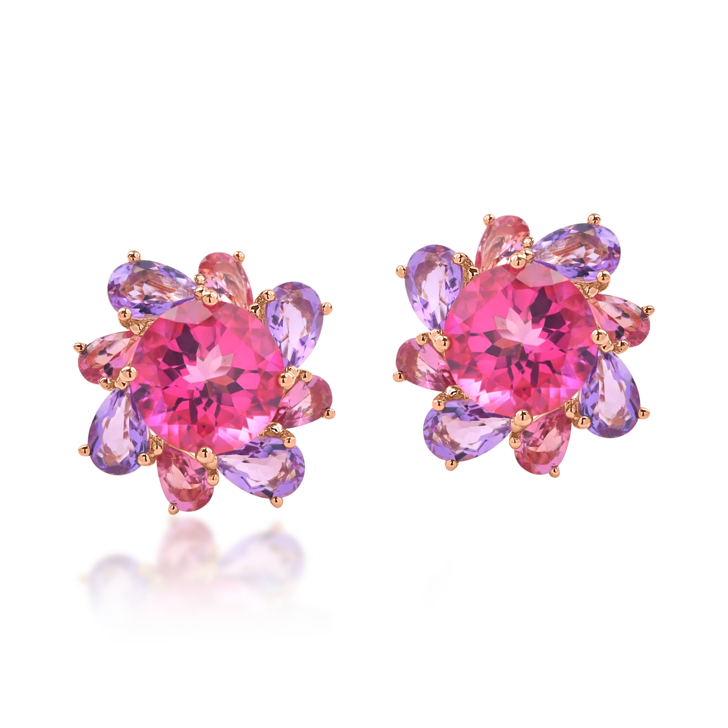 Rózsarany virágos fülbevaló topázokkal és turmalinokkal 14.6 ct