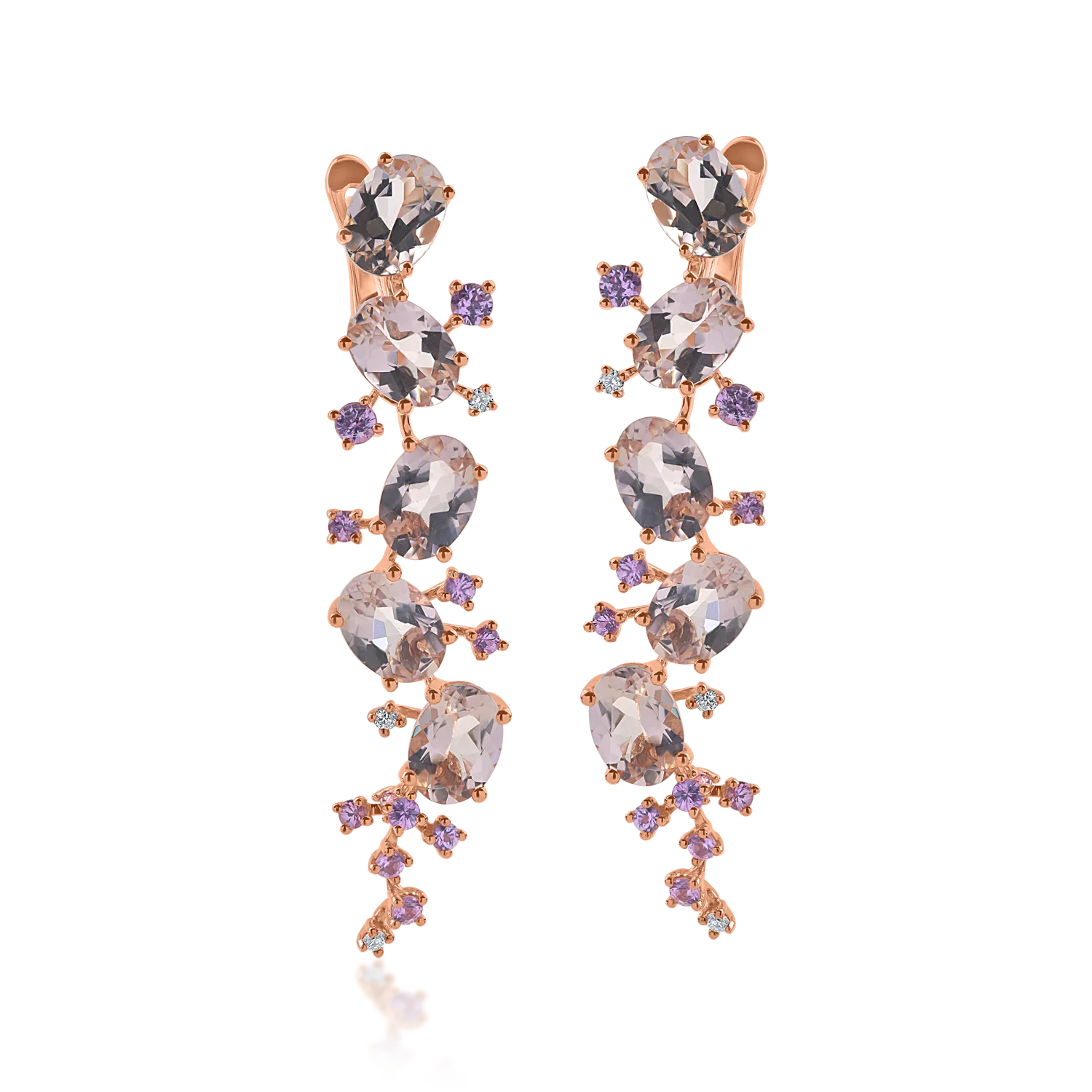 Rose gold long earrings with precious and semi-precious stones of 7.45 ct