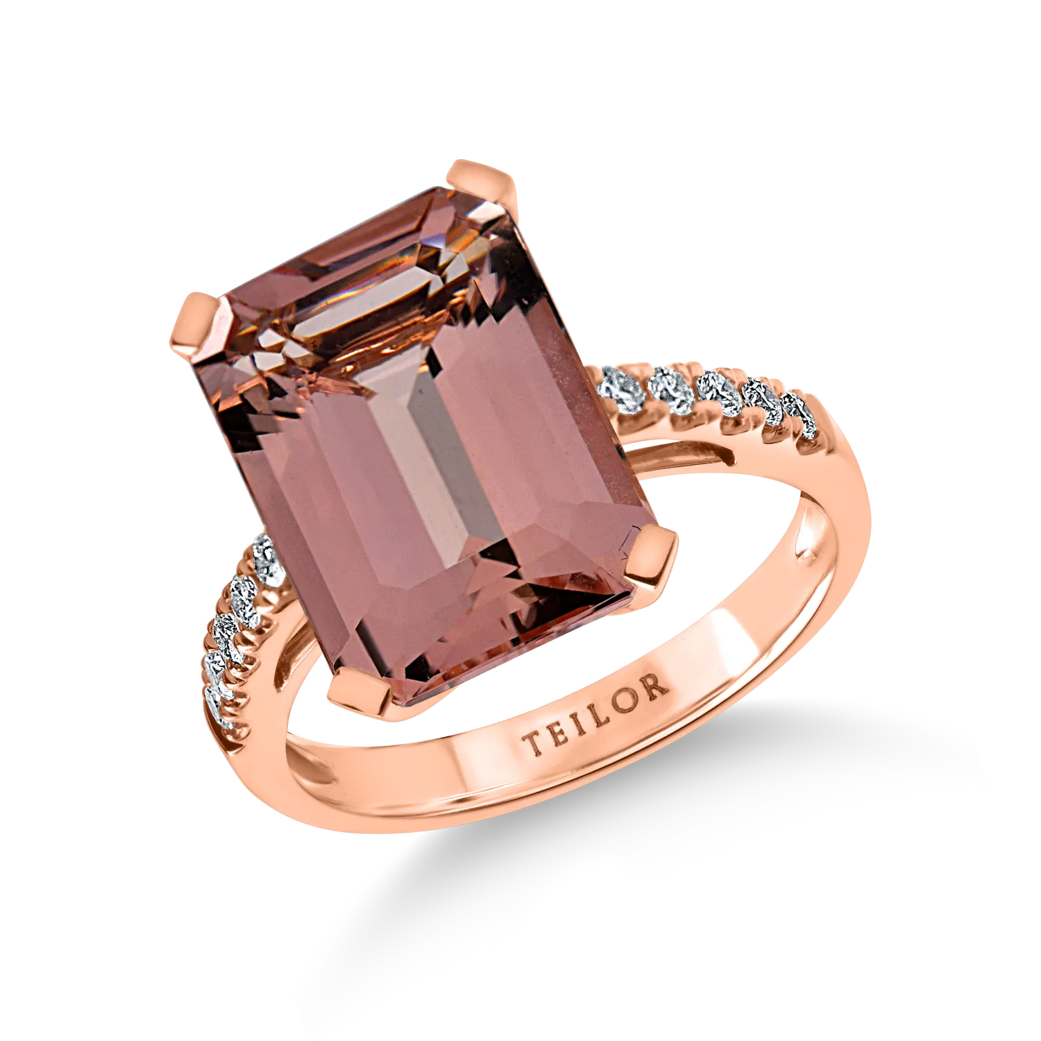 Inel geometric din aur roz cu morganit de 6.4ct si diamante de 0.2ct