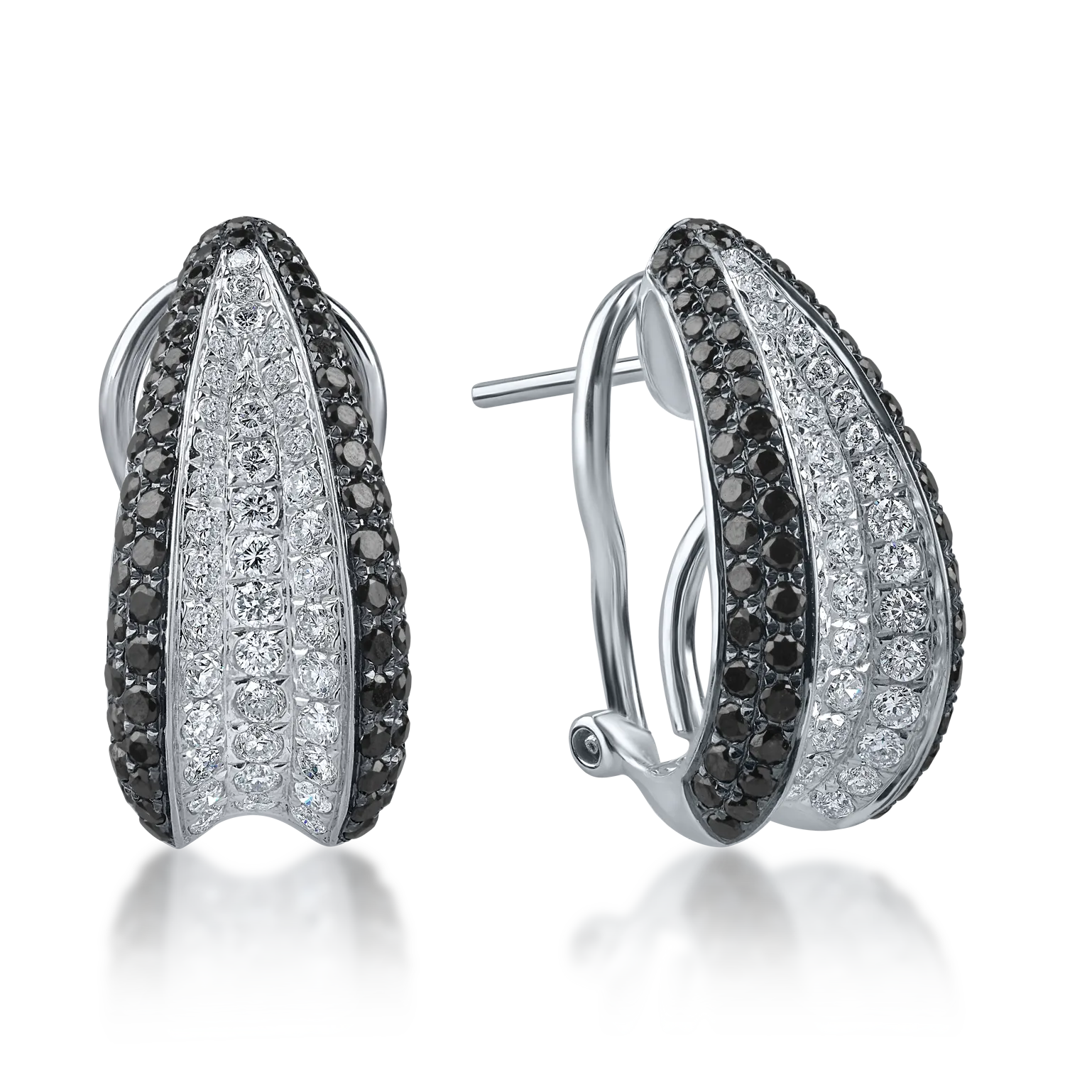 Kolczyki do uszu z białego złota z przezroczystymi diamentami o masie 0.8ct i czarnymi diamentami o masie 1ct
