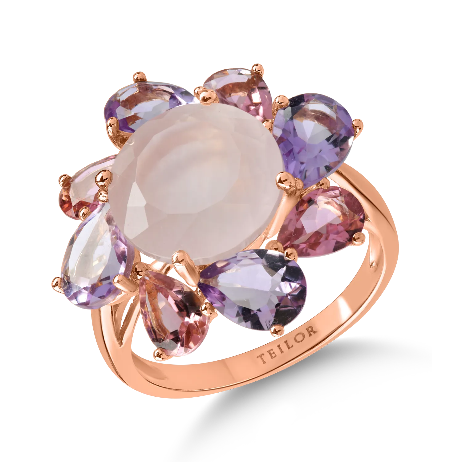 Rose gold flower ring with 9ct semi-precious stones