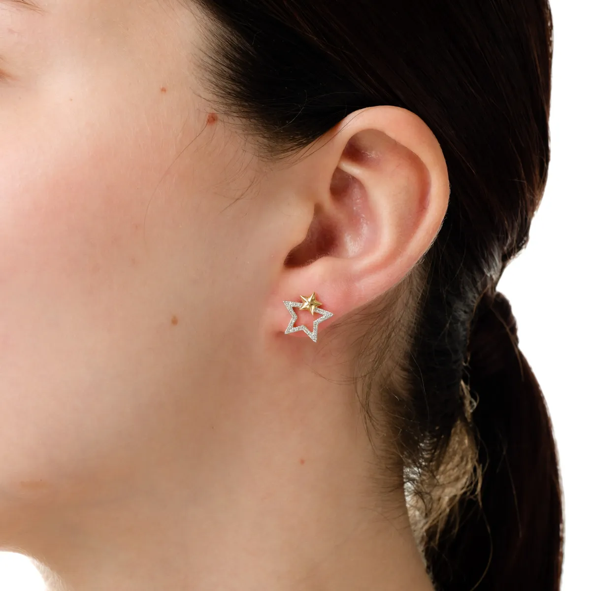 Cercei stea din aur alb-galben cu diamante de 0.17ct