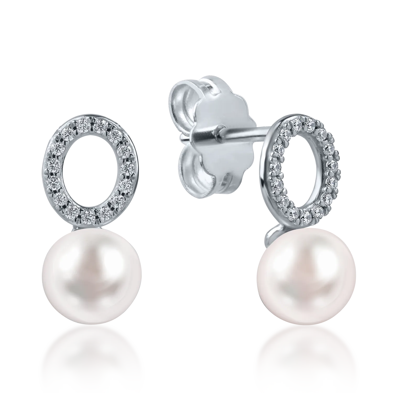 White gold earrings with synthetic pearls and zirconia