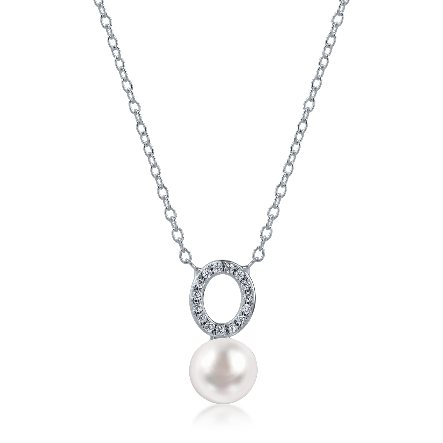 White gold round pendant necklace with synthetic pearl