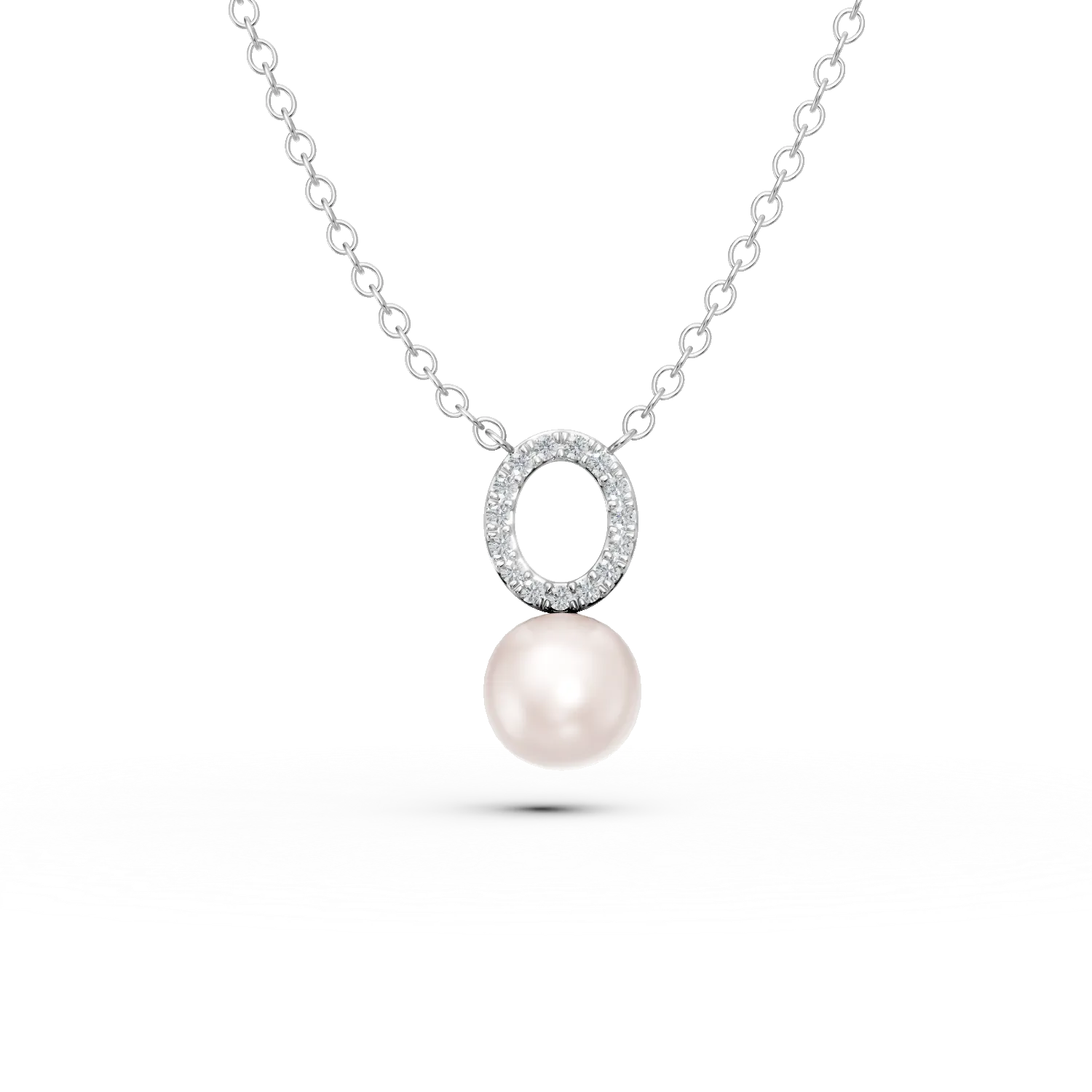 Lant cu pandantiv rotund si perla sintetica din aur alb