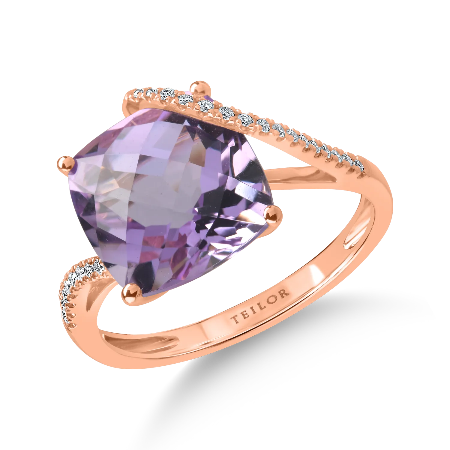 Inel din aur roz cu ametist square de 4.6ct si diamante de 0.13ct