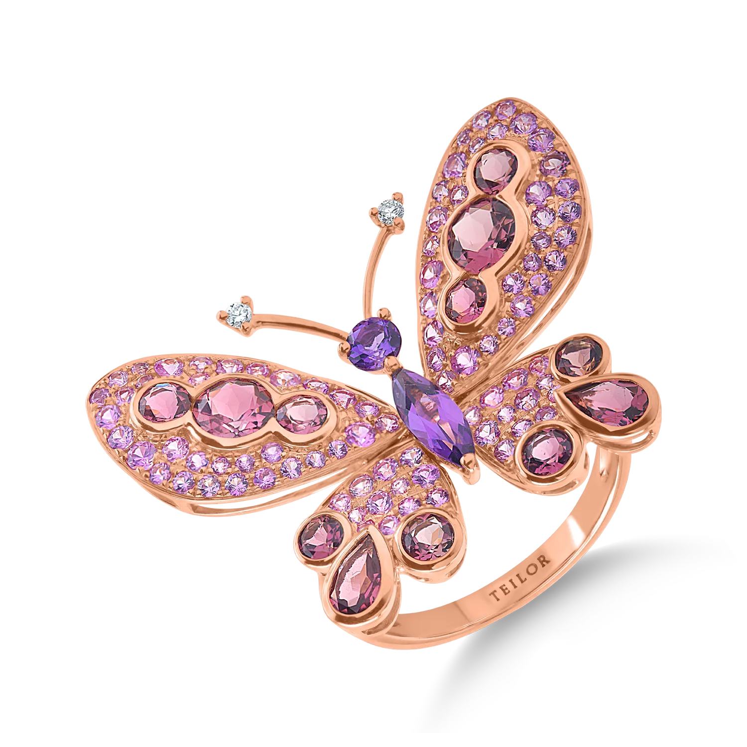 Pierścionek motyl z różowego złota z kamieniami szlachetnymi i półszlachetnymi 4.29 ct