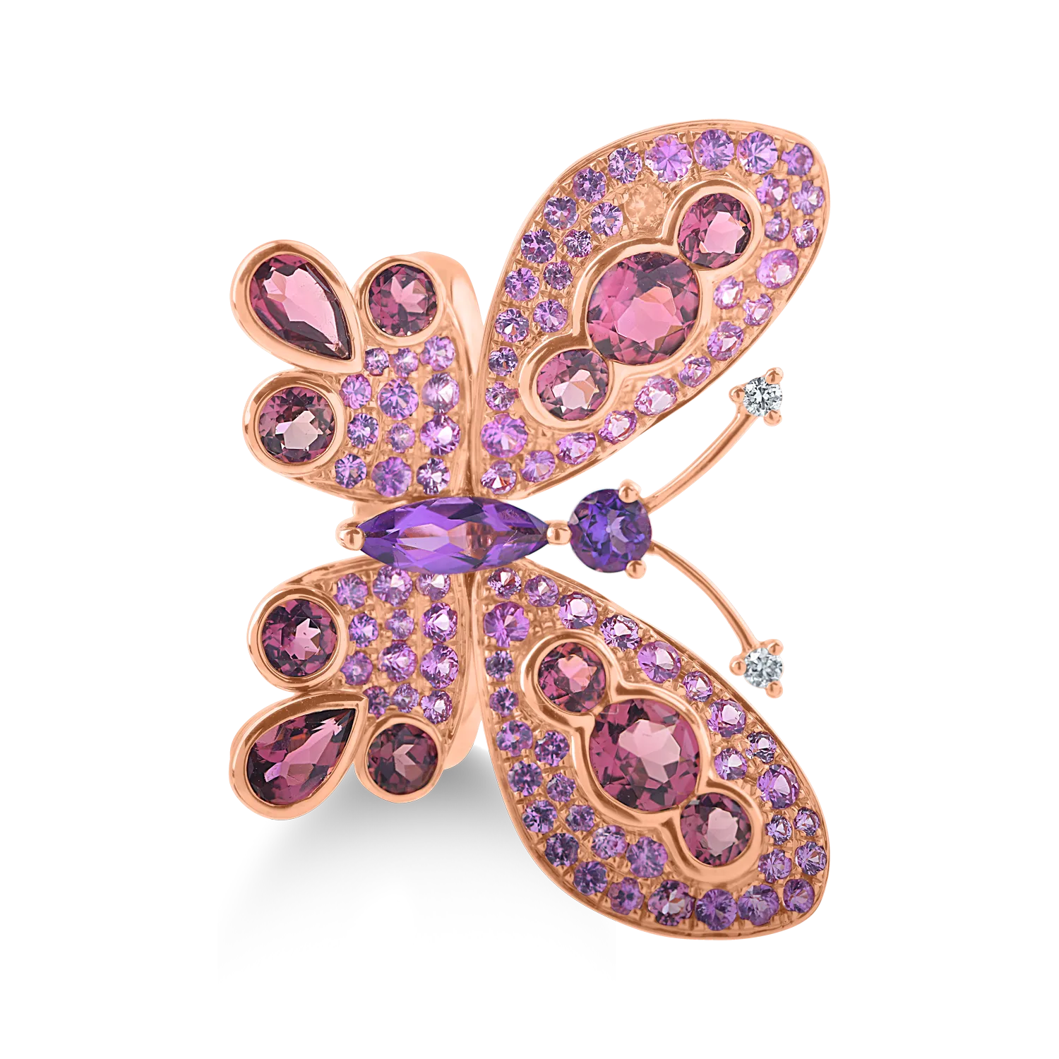 Pierścionek motyl z różowego złota z kamieniami szlachetnymi i półszlachetnymi 4.29 ct