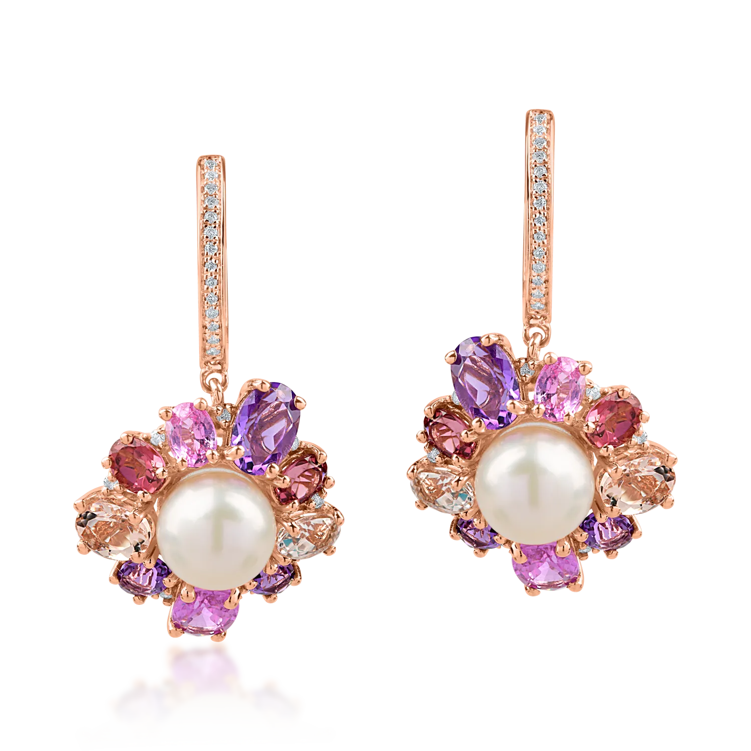 Rose gold flower earrings with 11.9ct precious and semi-precious stones