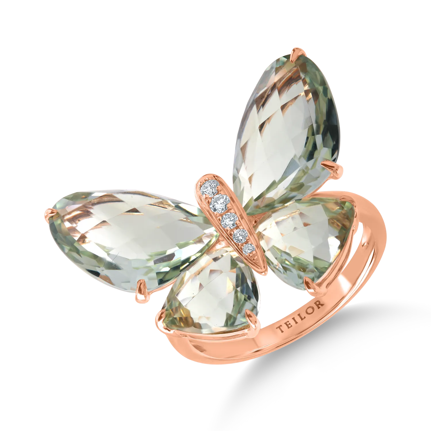Yellow gold butterfly ring with 11.68ct green amethysts and diamonds