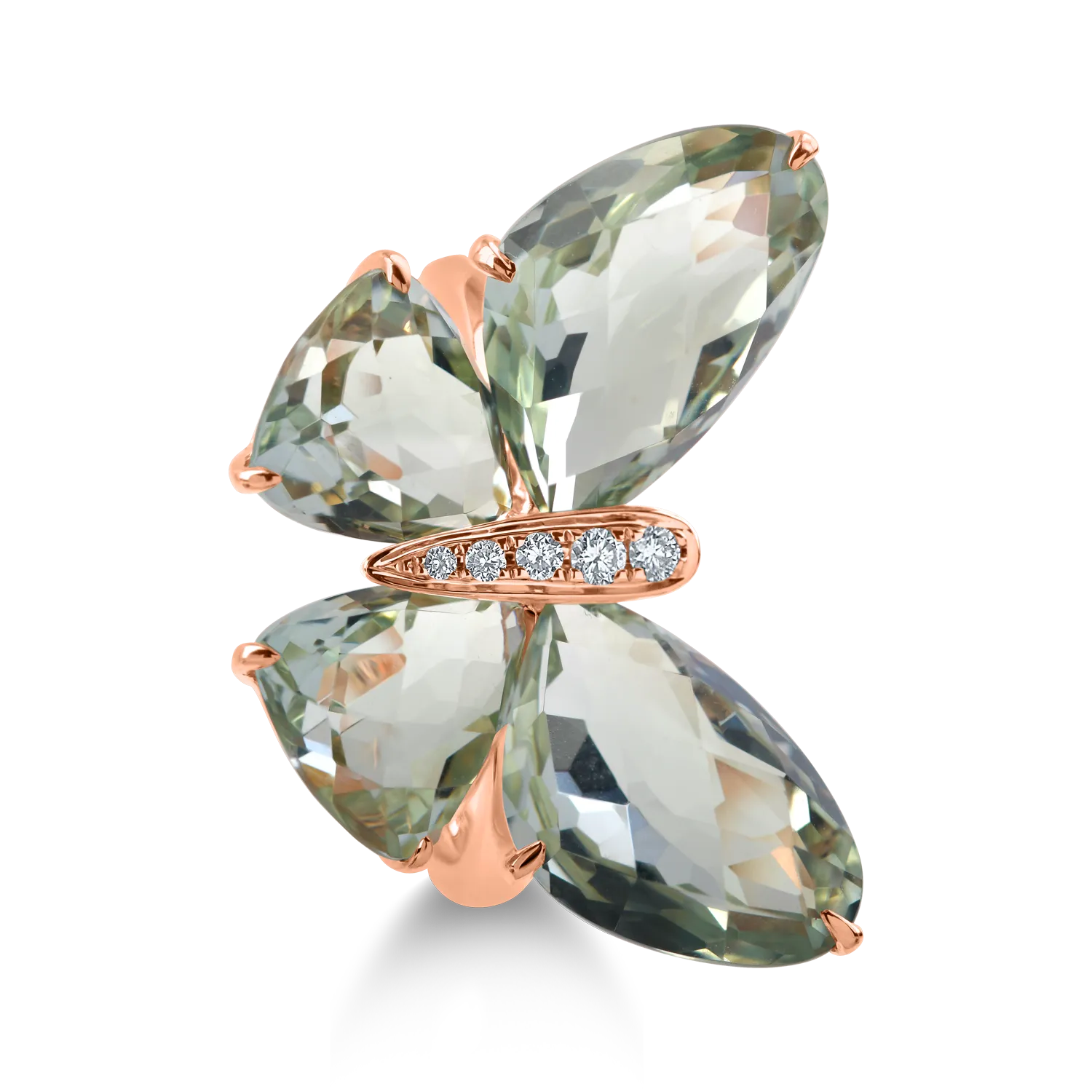 Yellow gold butterfly ring with 11.68ct green amethysts and diamonds