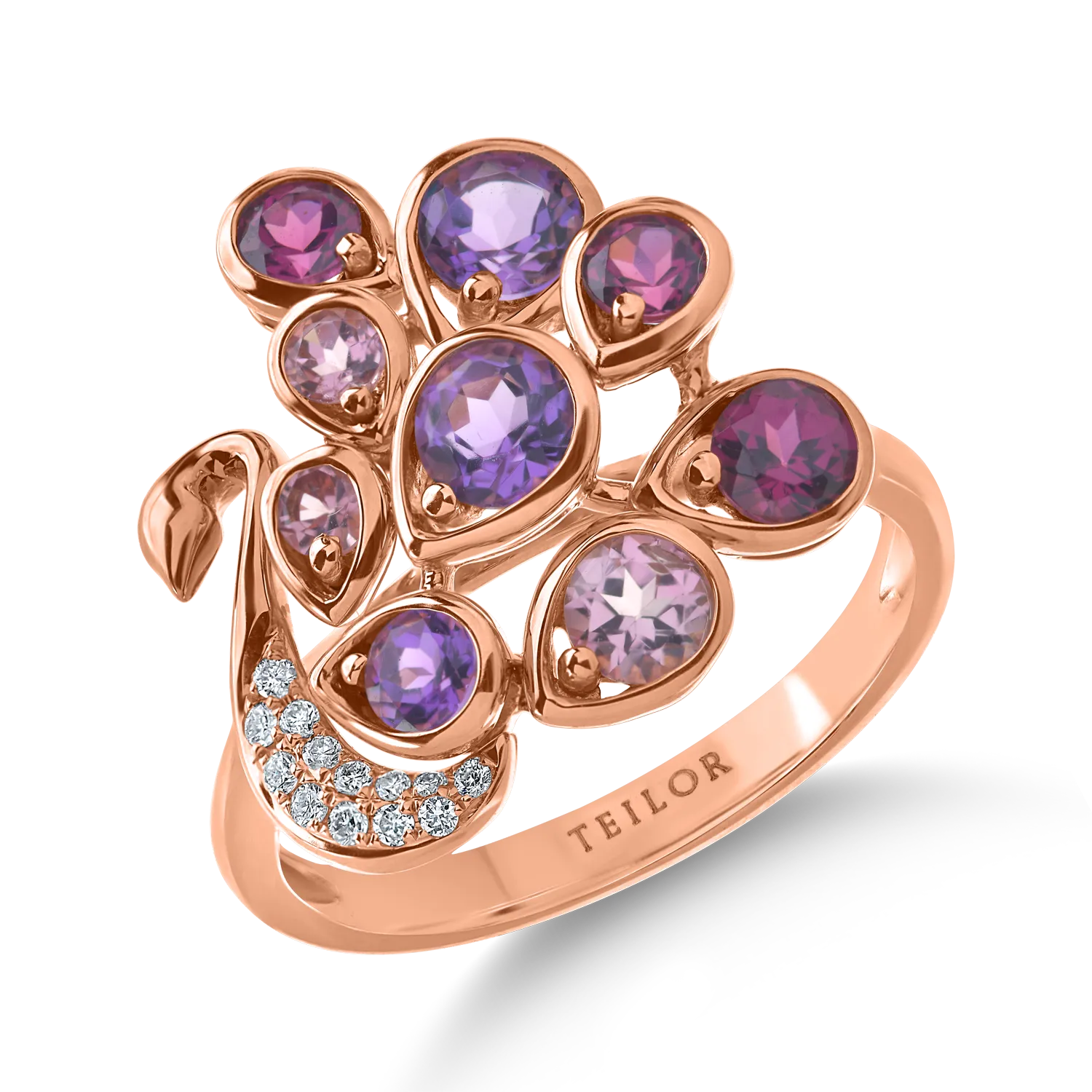 Rose gold peacock ring with 1.67ct semi-precious stones