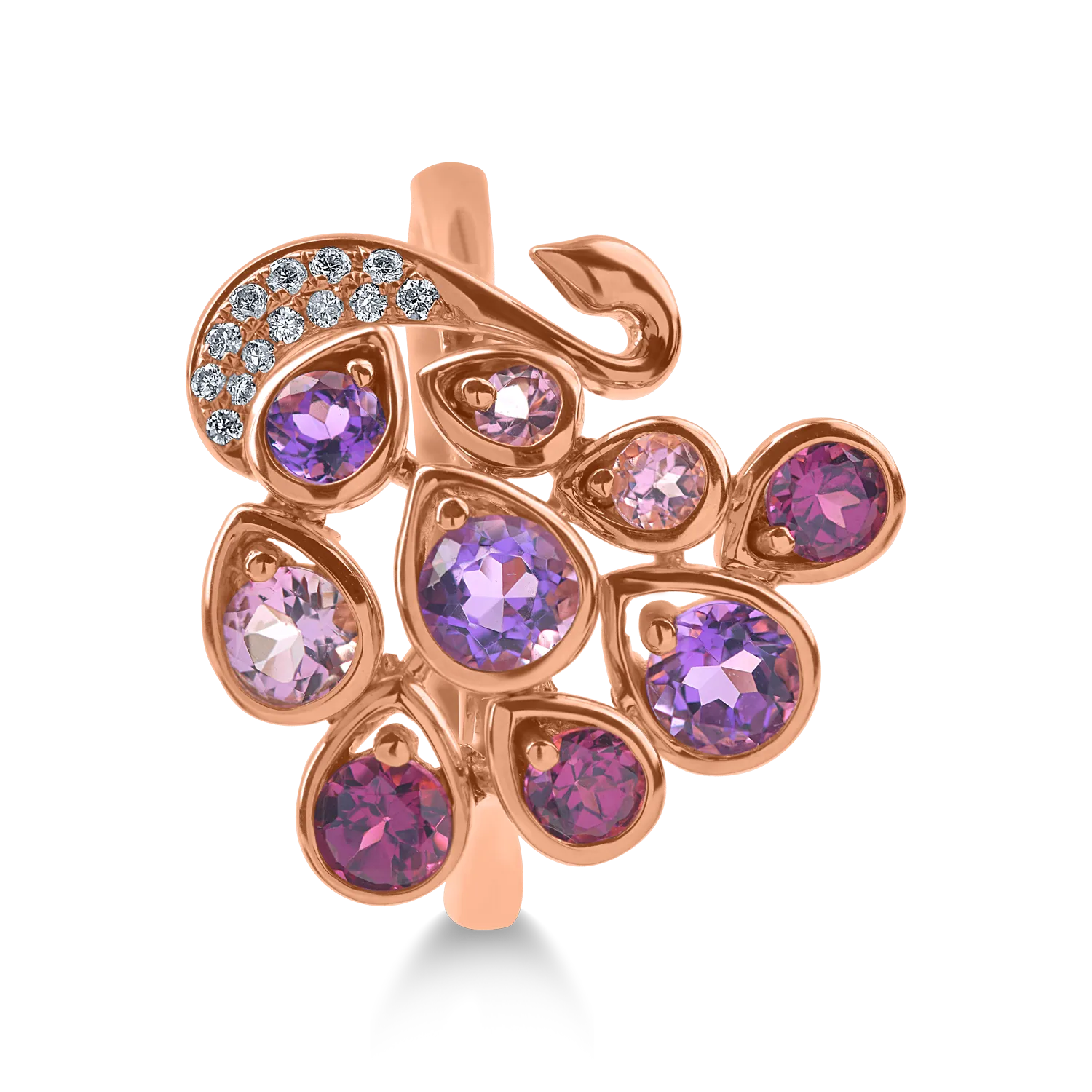 Rose gold peacock ring with 1.67ct semi-precious stones