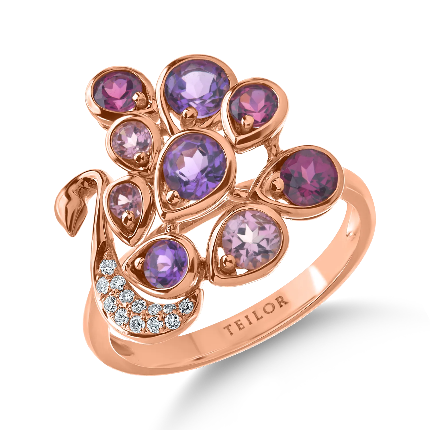 Teilor Inel paun din aur roz cu pietre semipretioase de 1.67ct