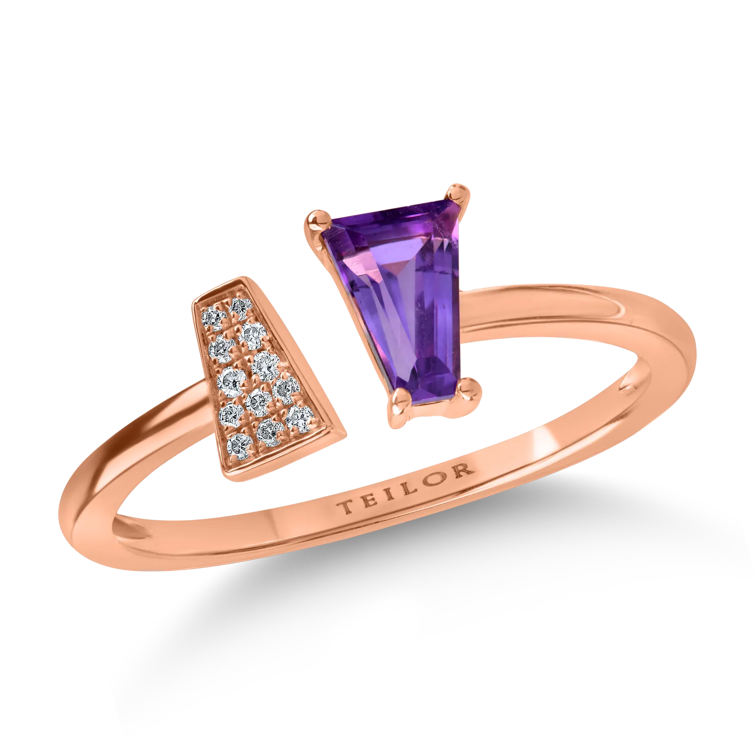 Rose gold open ring with 0.4ct amethyst and 0.05ct diamonds