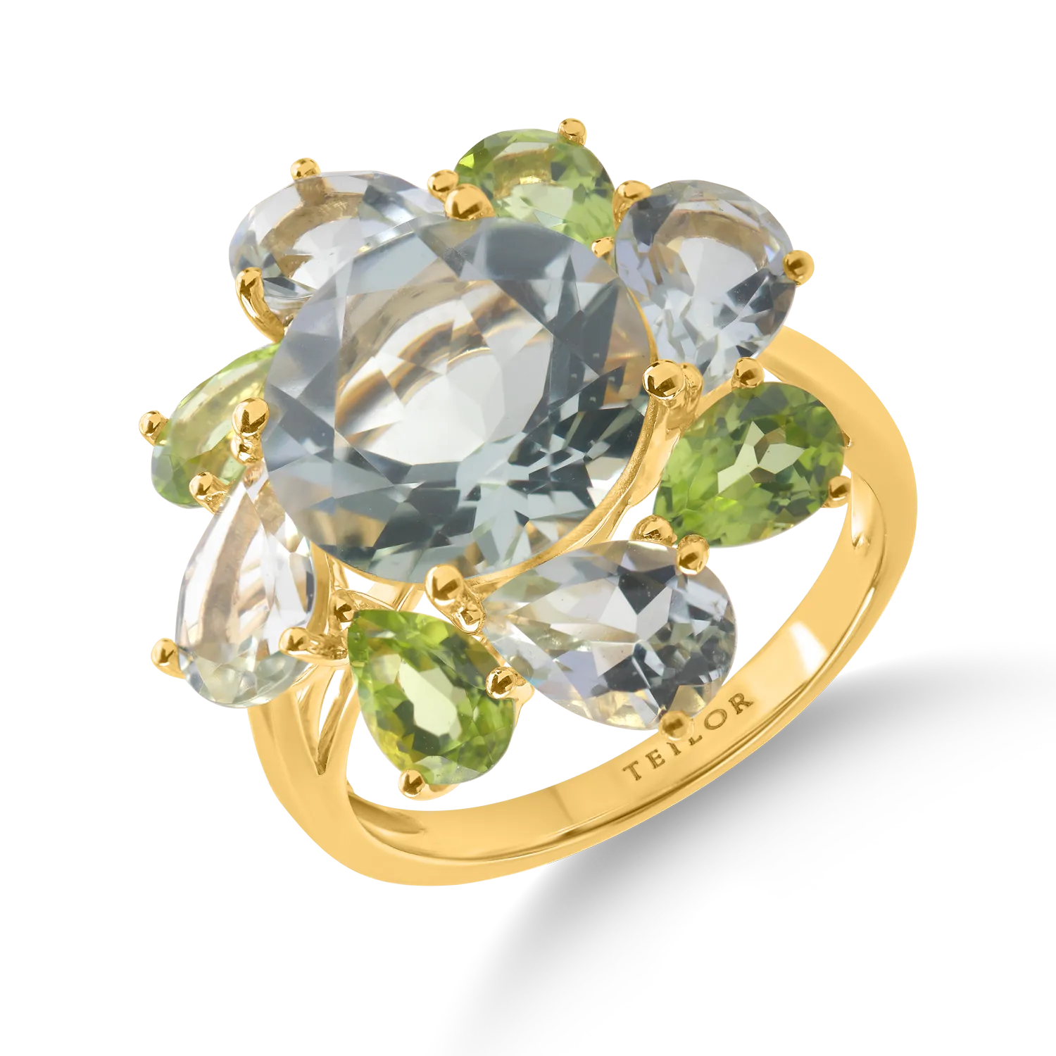 Sárga arany virággyűrű 9.3ct féldrágakövekkel