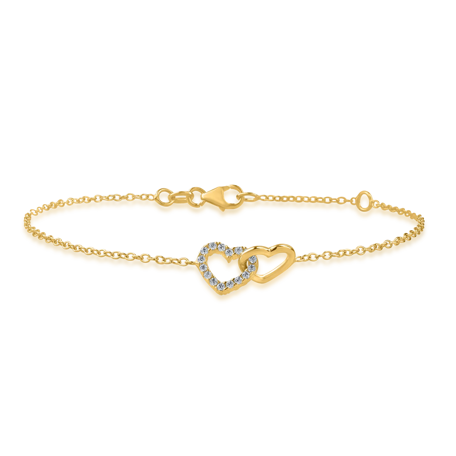Yellow gold bracelet with hearts pendant and zirconia