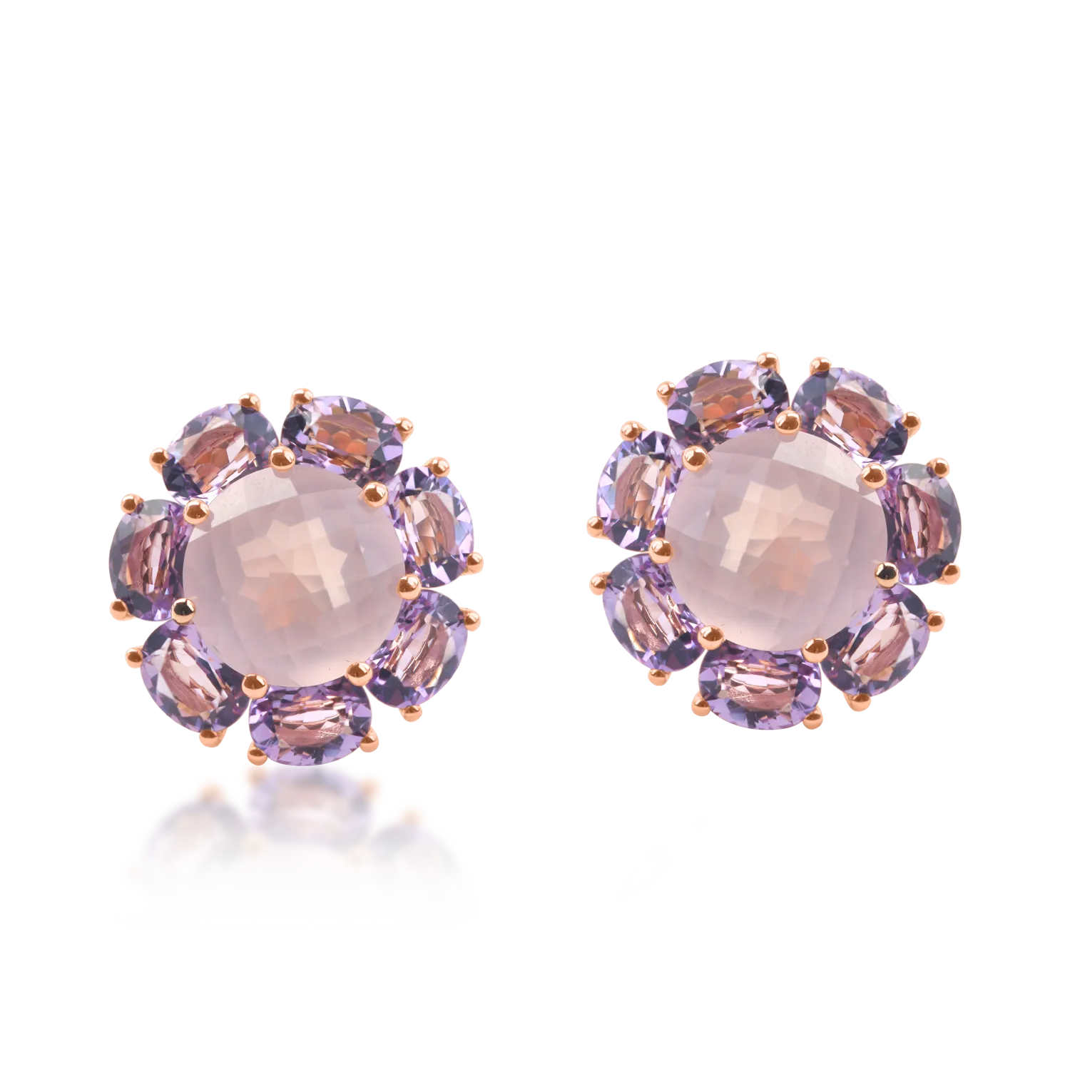 Rózsarany virágos fülbevaló ametiszttel és kvarccal 10.5ct