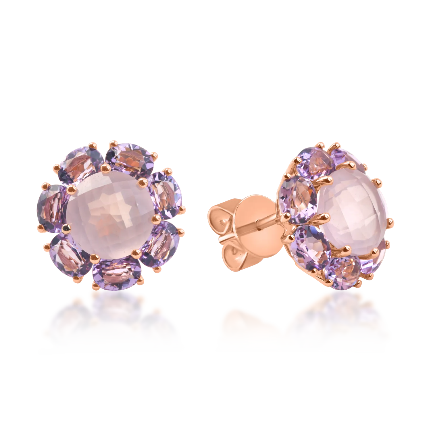 Cercei floare din aur roz cu ametiste si cuarturi de 10.5ct