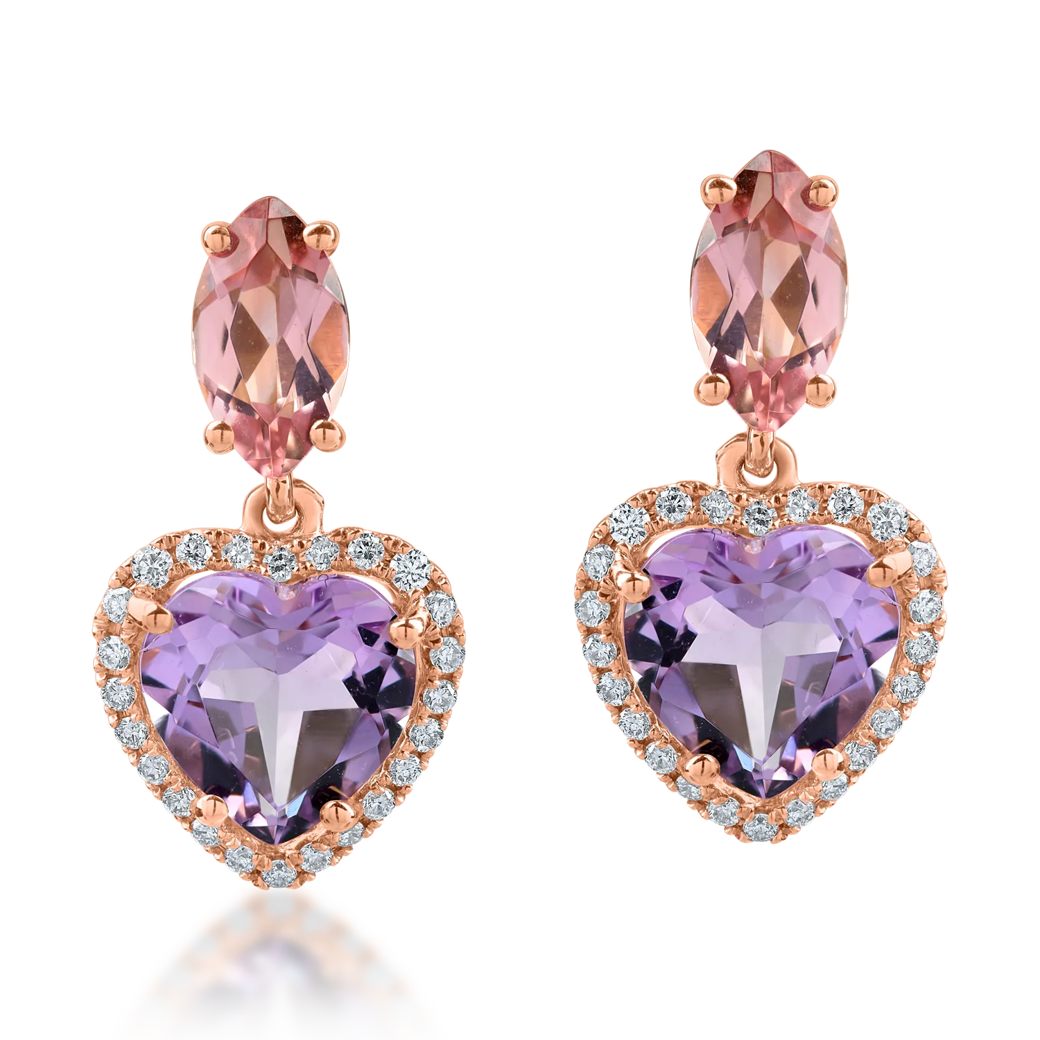 Rose gold heart earrings with 3.4ct precious and semi-precious stones