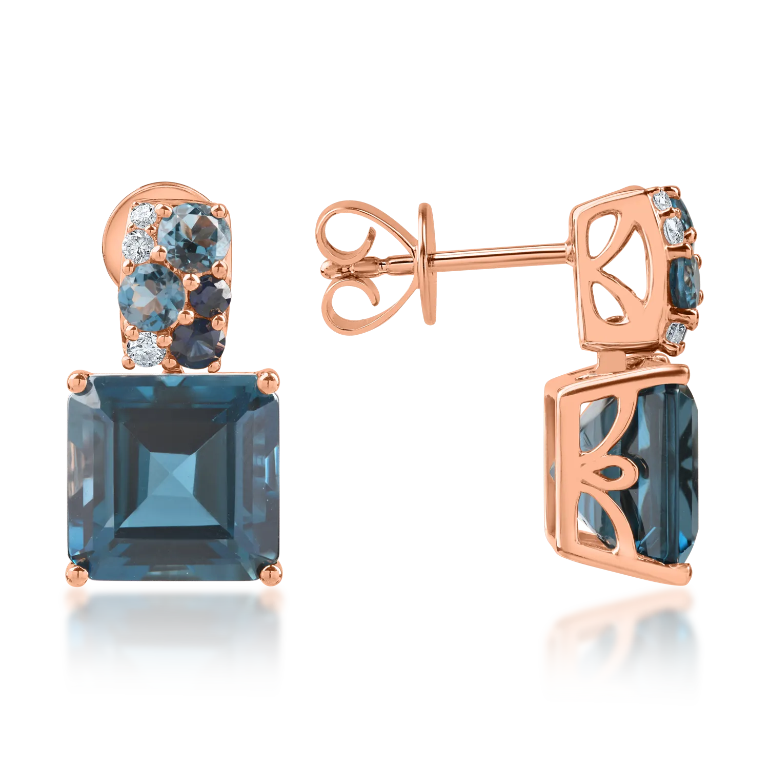 Rózsarany geometrikus fülbevaló 13.7ct drágakövekkel és féldrágakövekkel