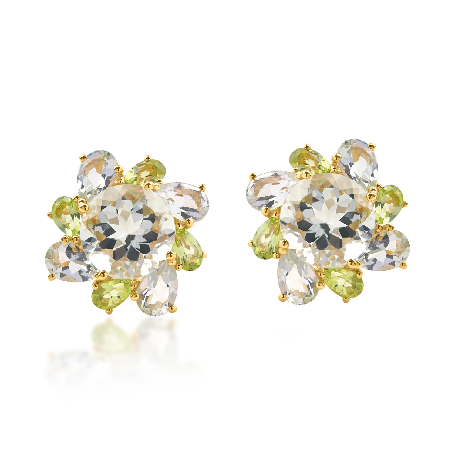 Yellow gold flower earrings with 12ct amethysts and peridots