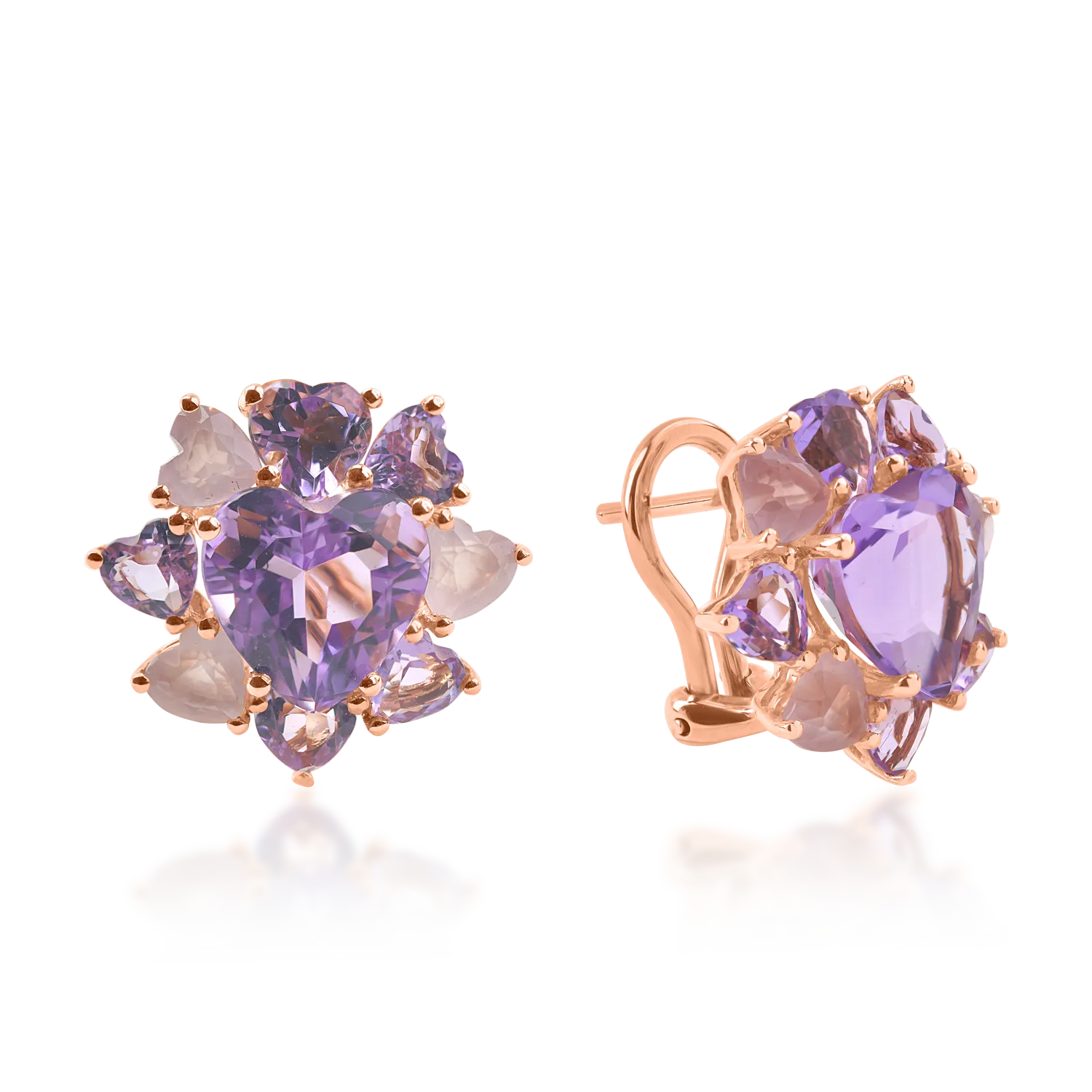 Rose gold earrings with 9.9ct pink amethysts and rose quartz