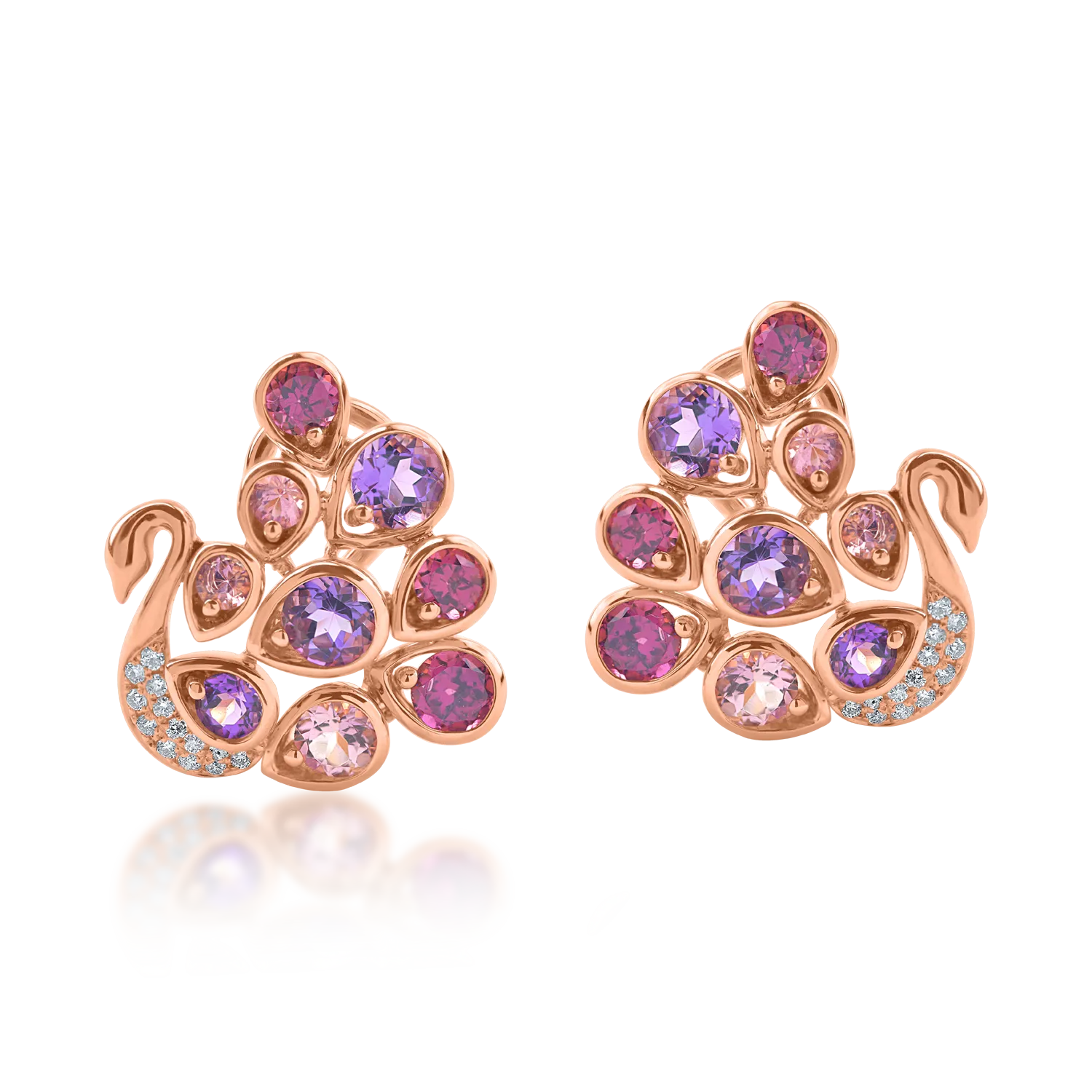 Rózsarany páva fülbevaló 3.7ct féldrágakövekkel