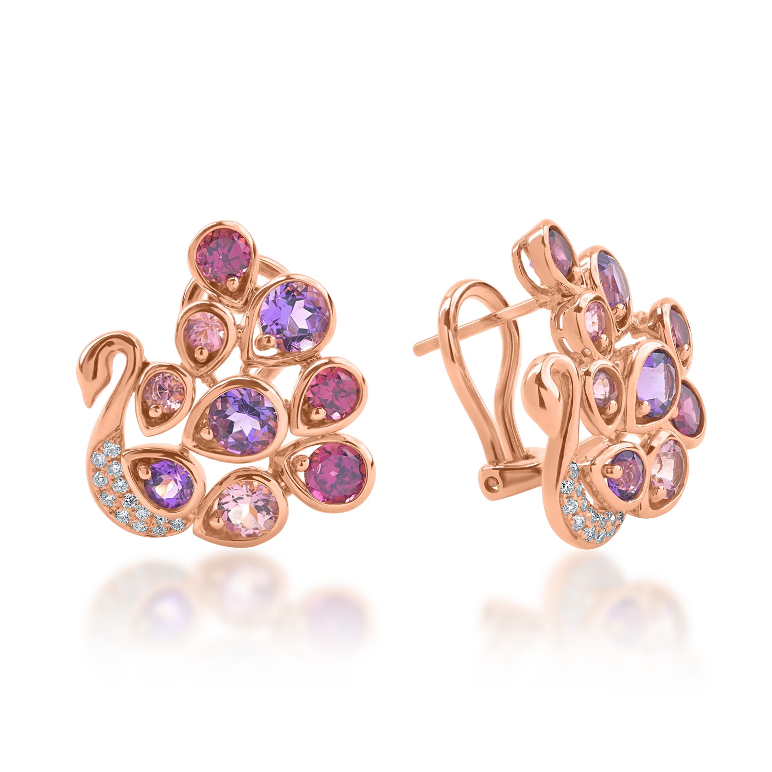 Rose gold peacock earrings with 3.7ct semi-precious stones