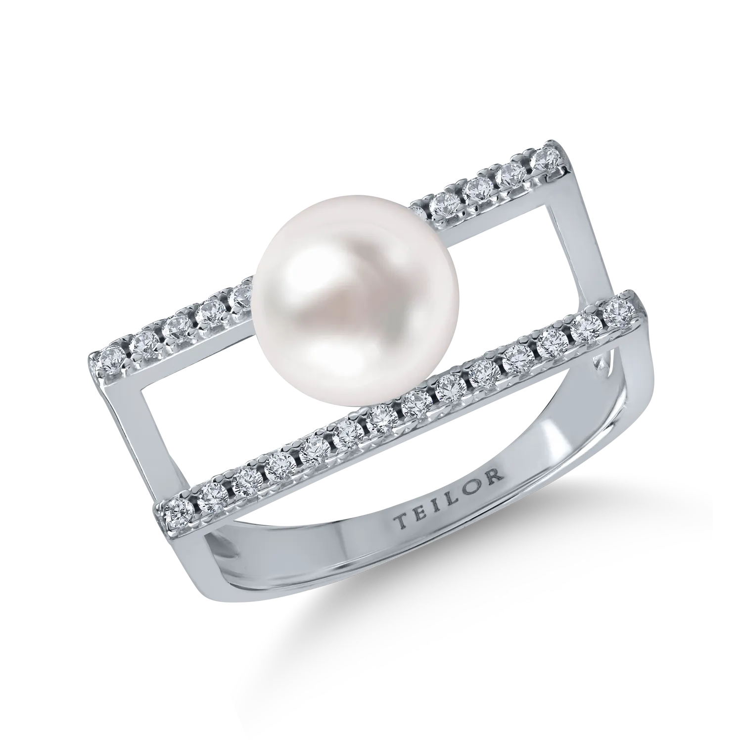 White gold double ring with synthetic pearl and zirconia