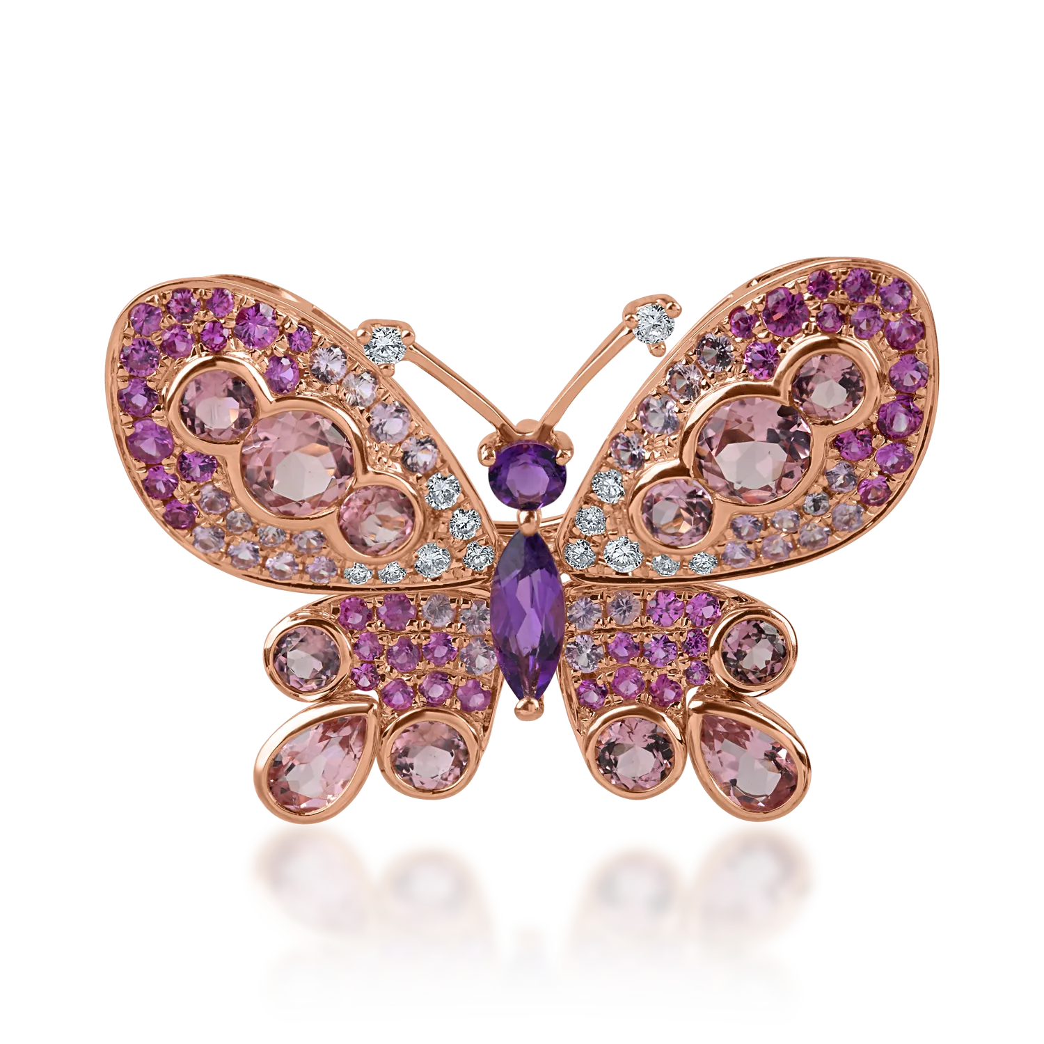 Rózsarany pillangós bross 4ct drágakövekkel és féldrágakövekkel