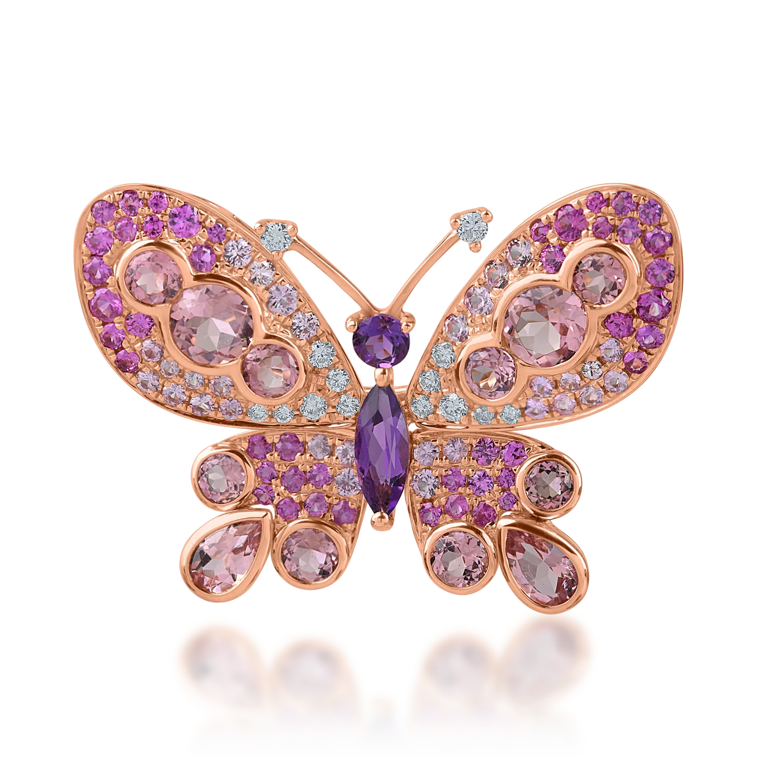 Brosa fluture din aur roz cu pietre pretioase si semipretioase de 4ct