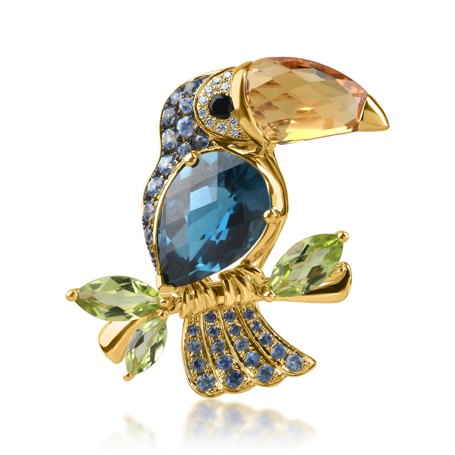 Yellow gold toucan brooch with 10ct semi-precious stones