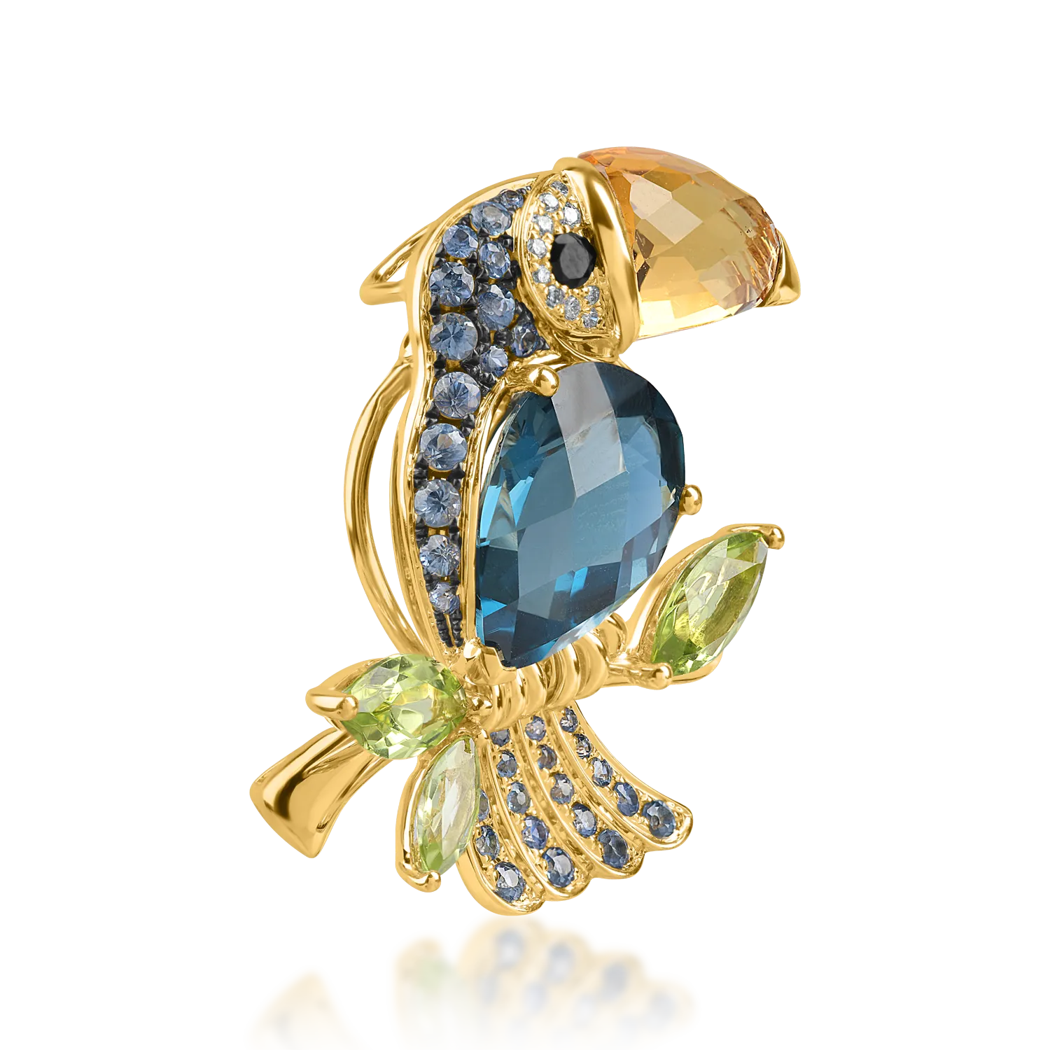 Yellow gold toucan brooch with 10ct semi-precious stones