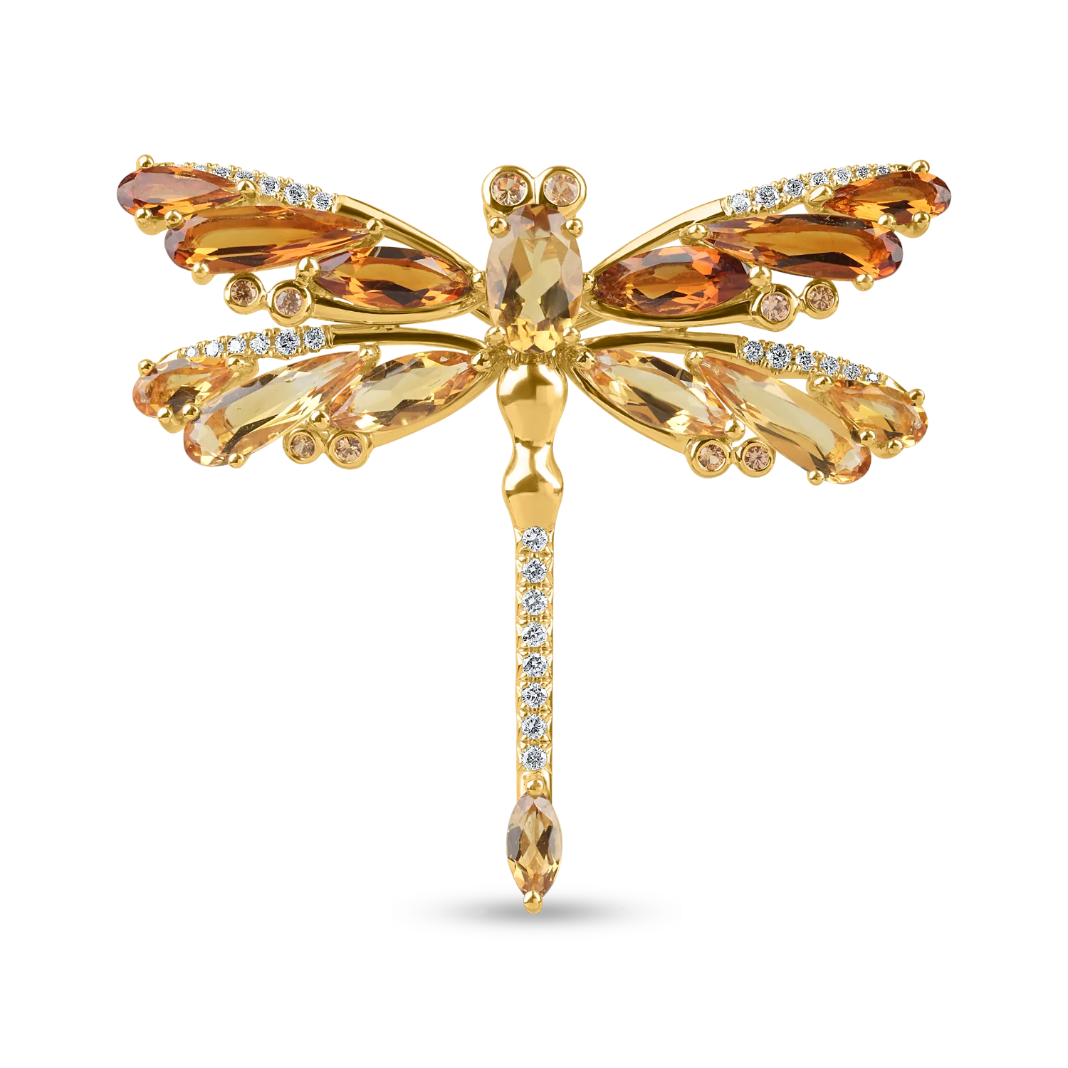 Yellow gold dragonfly brooch with 6ct semi-precious stones