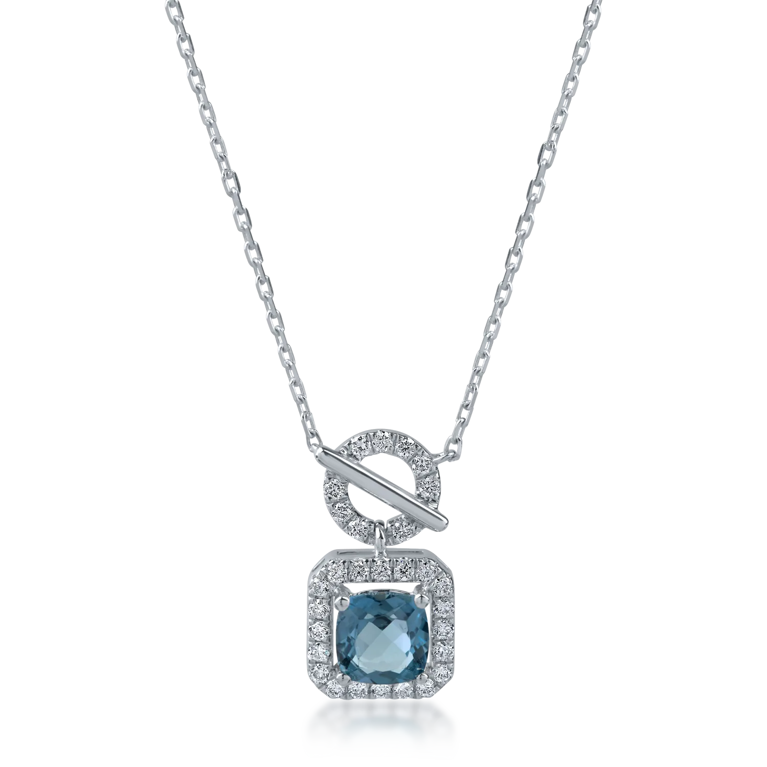 White gold geometric pendant necklace with 0.6ct london blue topaz and 0.1ct diamonds