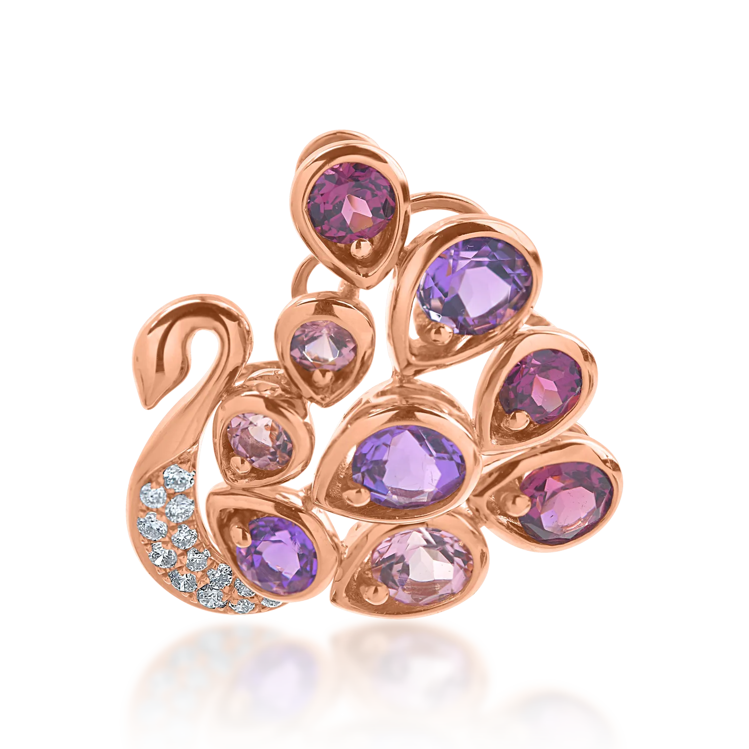 Rose gold peacock pendant with 1.67ct semi-precious stones