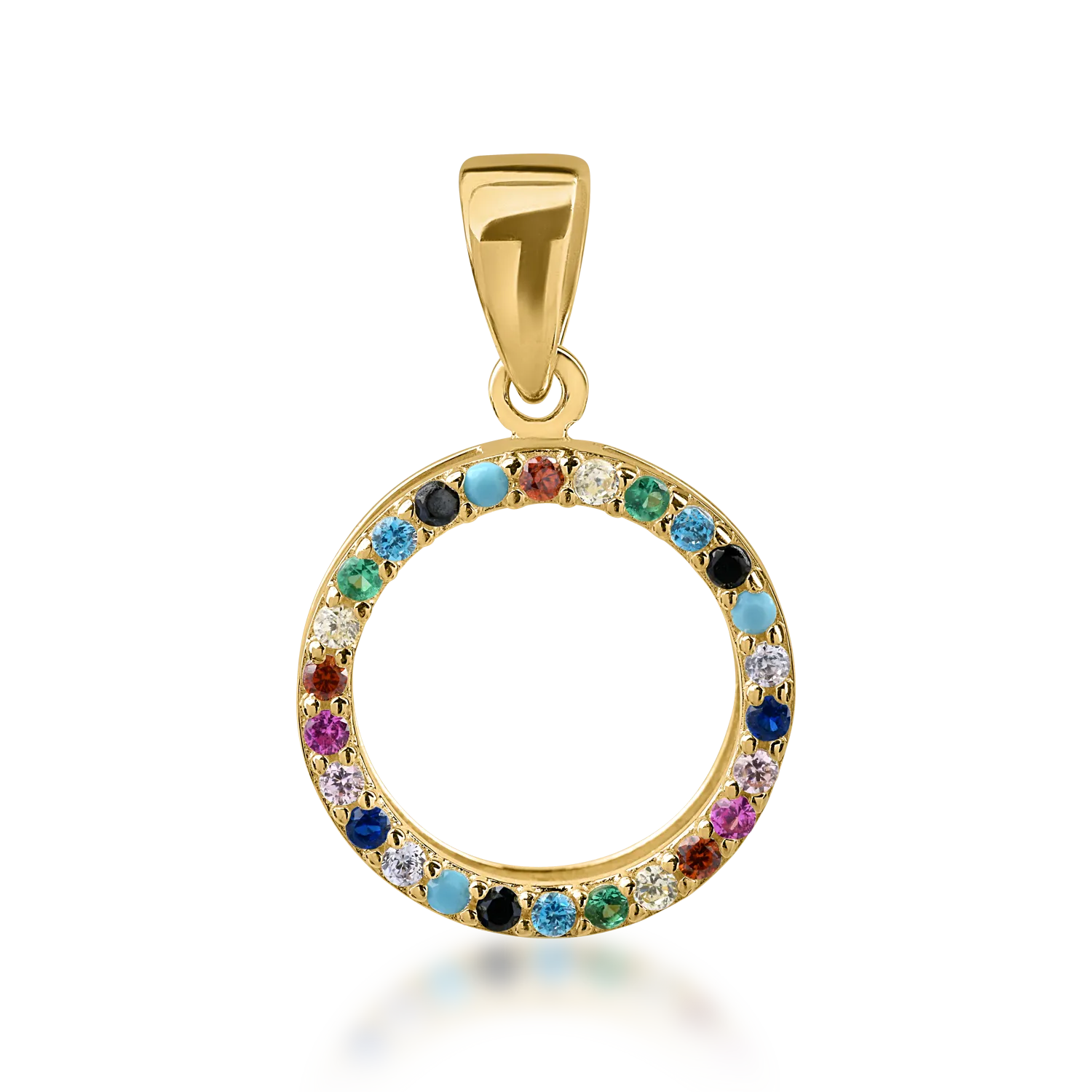 Yellow gold circle pendant with multicoloured zirconia