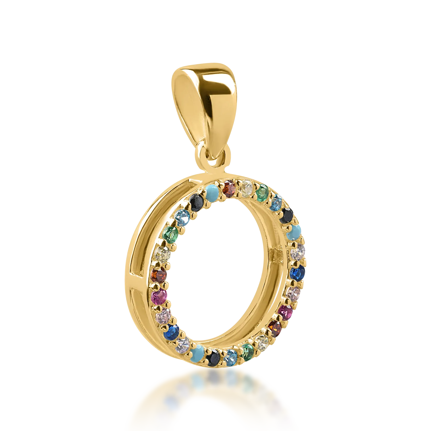 Yellow gold circle pendant with multicoloured zirconia