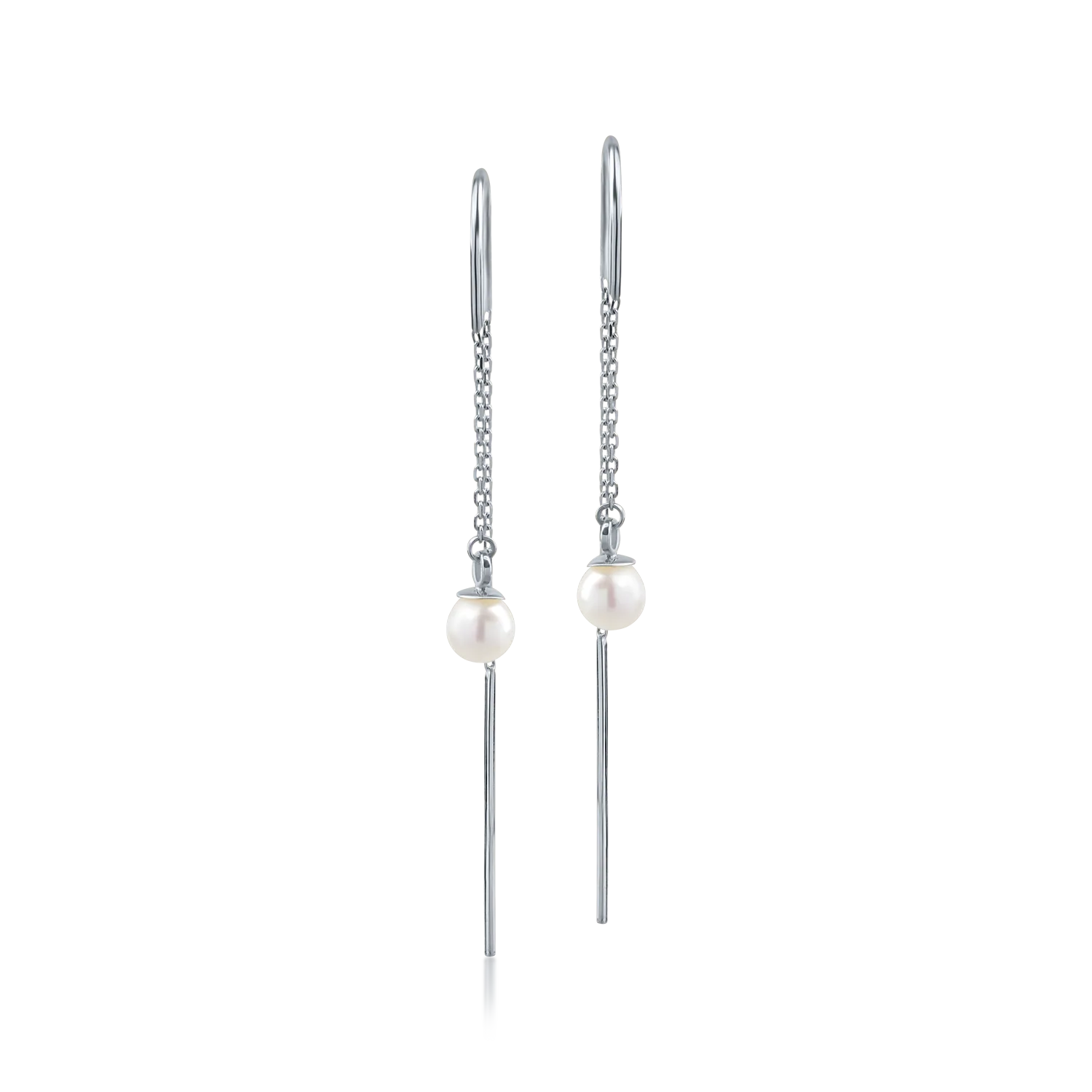 White gold long earrings with synthetic pearls