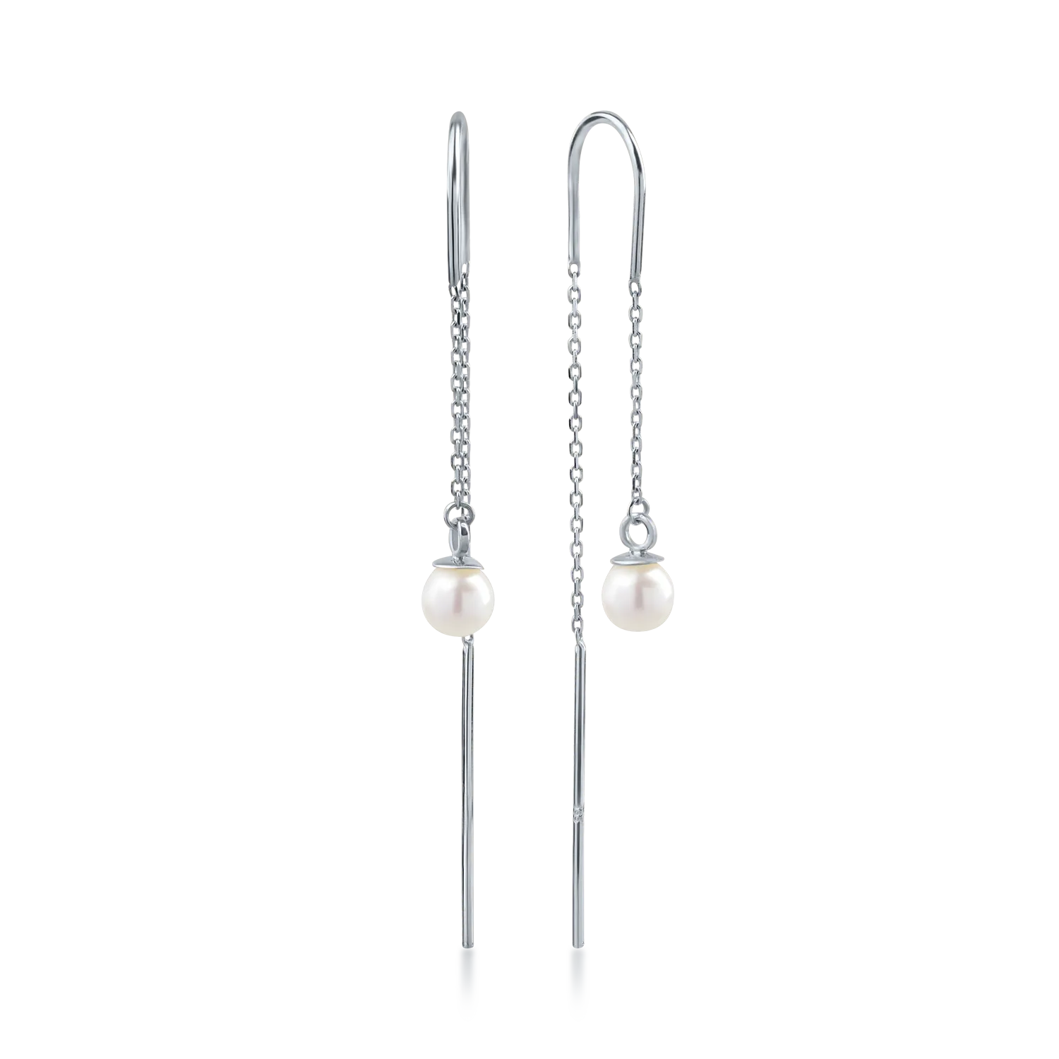 White gold long earrings with synthetic pearls